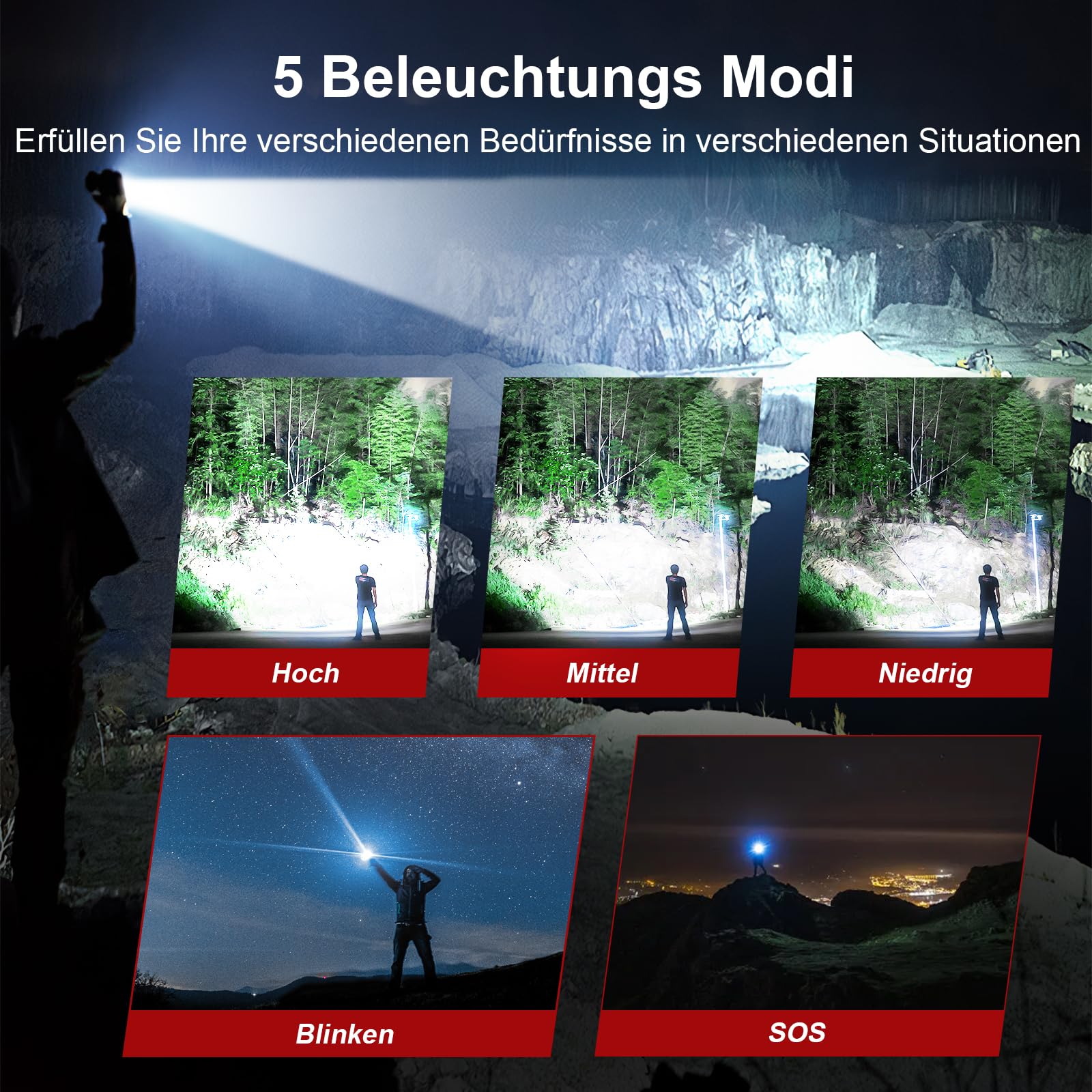Shadowhawk Taschenlampe Led 500000 Lumen, Extrem Hell Taschenlampe USB Aufladbar Taktische Taschenlampen Mit holster XHP70.2, IP67 Wasserdicht 5 Lichtmodi für Camping Wandern Notfälle