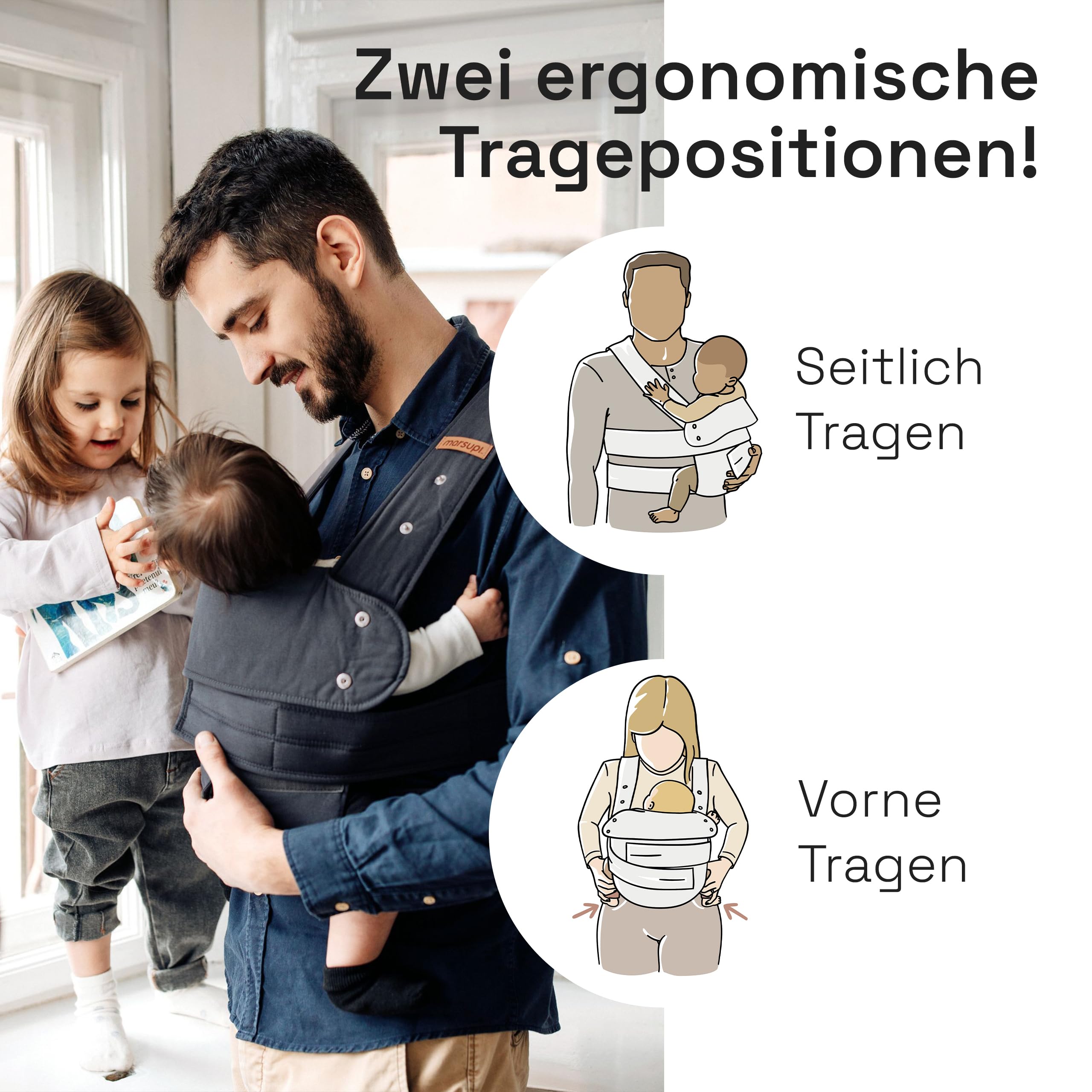 marsupi Classic Babytrage - Neugeborene von der Geburt bis zu 15 kg - Baby Erstaustattung - Klett-Verschluss - Leicht und Kompakt - Grey XL