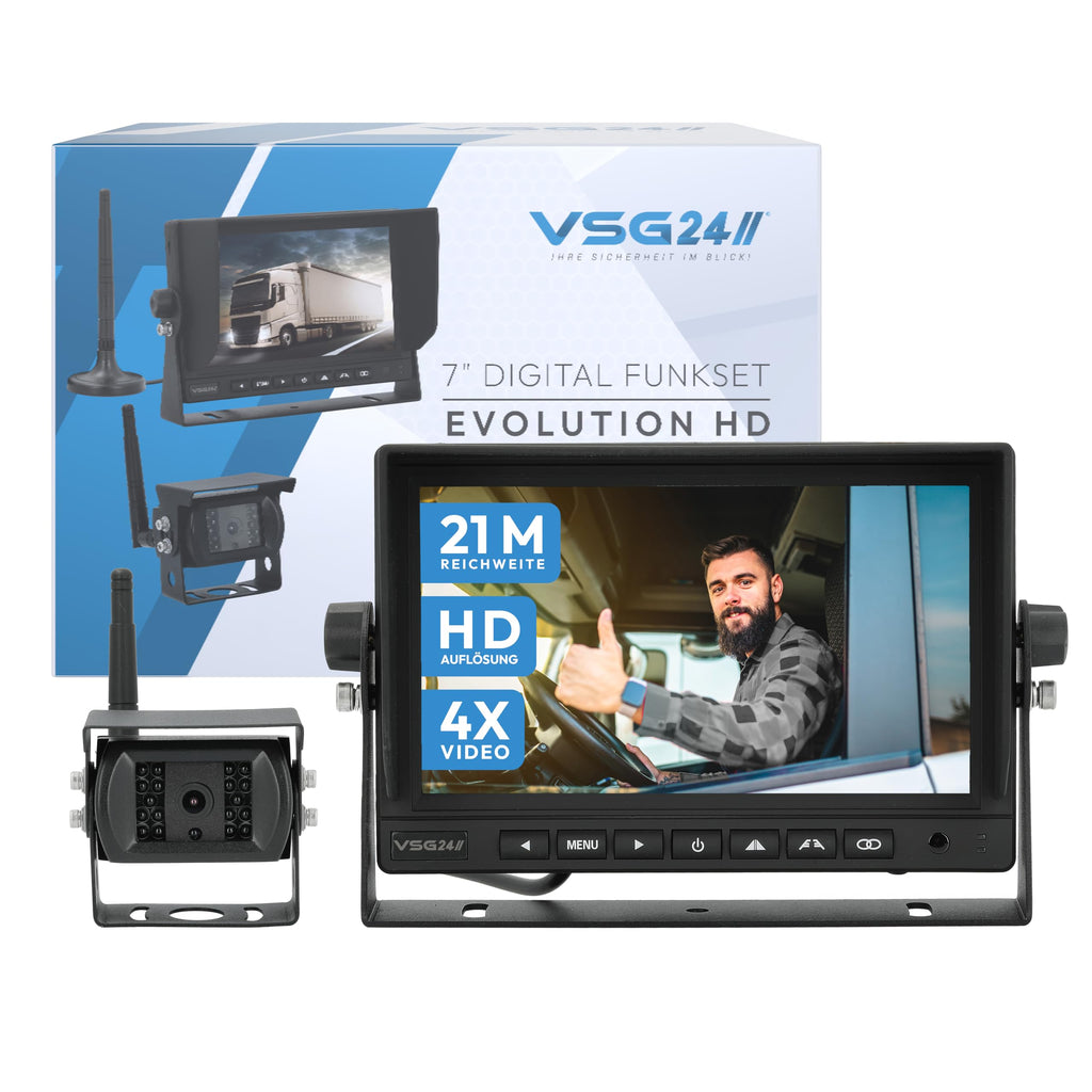 VSG24 7“ Evolution HD Funk Rückfahrsystem für Wohnmobil & LKW, KFZ Set kabellos inkl. Rückfahrkamera + Monitor, einfach zum DIY Nachrüsten 12V-24V, Kamera digital, Auto Rückspiegel Einparkhilfe