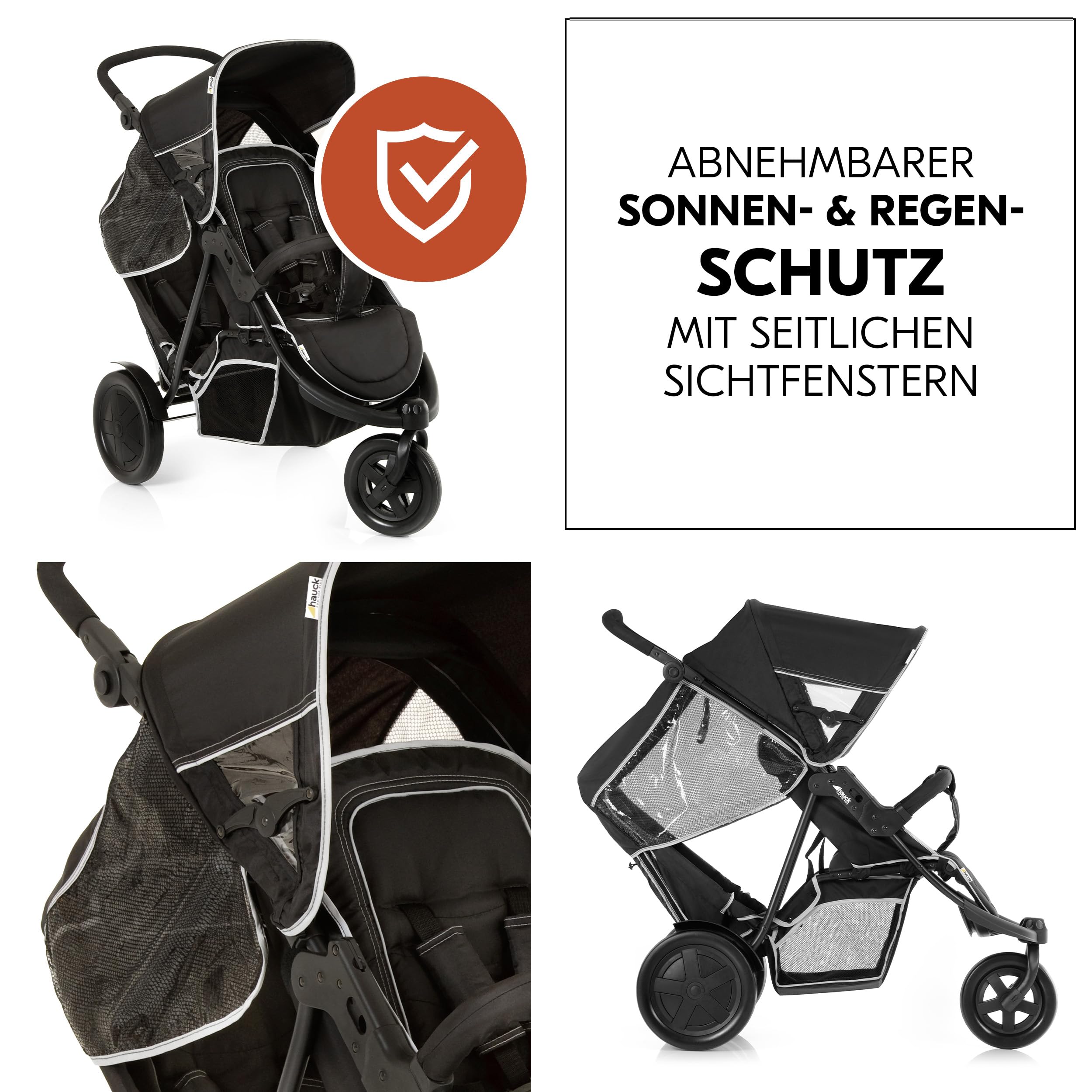 hauck Freerider, Schwarz - 3 Rad Geschwisterbuggy mit Regenschutz für 2 Kinder - Oberer Sitz mit Liegefunktion ab Geburt - Unterer Sitz ab 6 Monaten - Max. 15 Pro Sitz - Höhenverstellbar