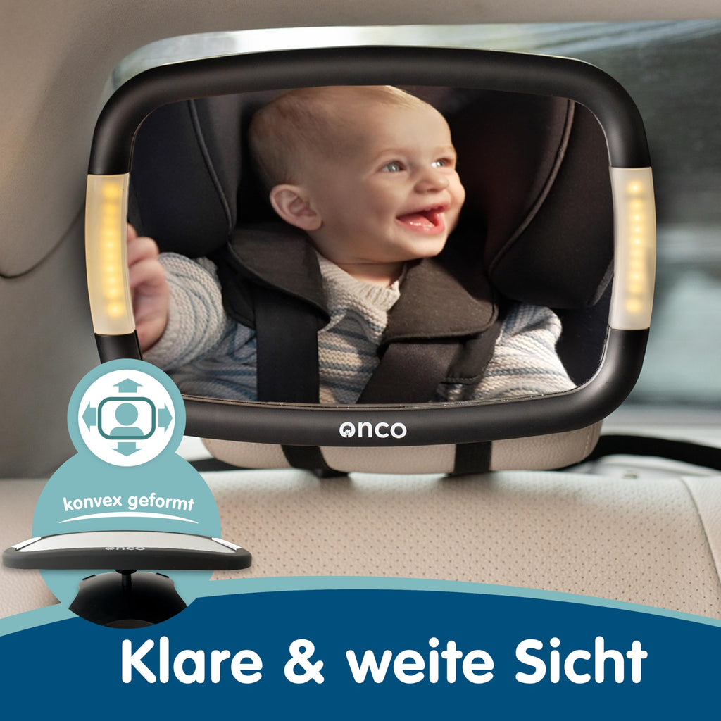 Onco LED Baby Autospiegel - 100% bruchsicher mit 2 Licht-Modi für Tag & Nacht, Rutschfester Baby Rückspiegel Auto mit 360° Schwenkung