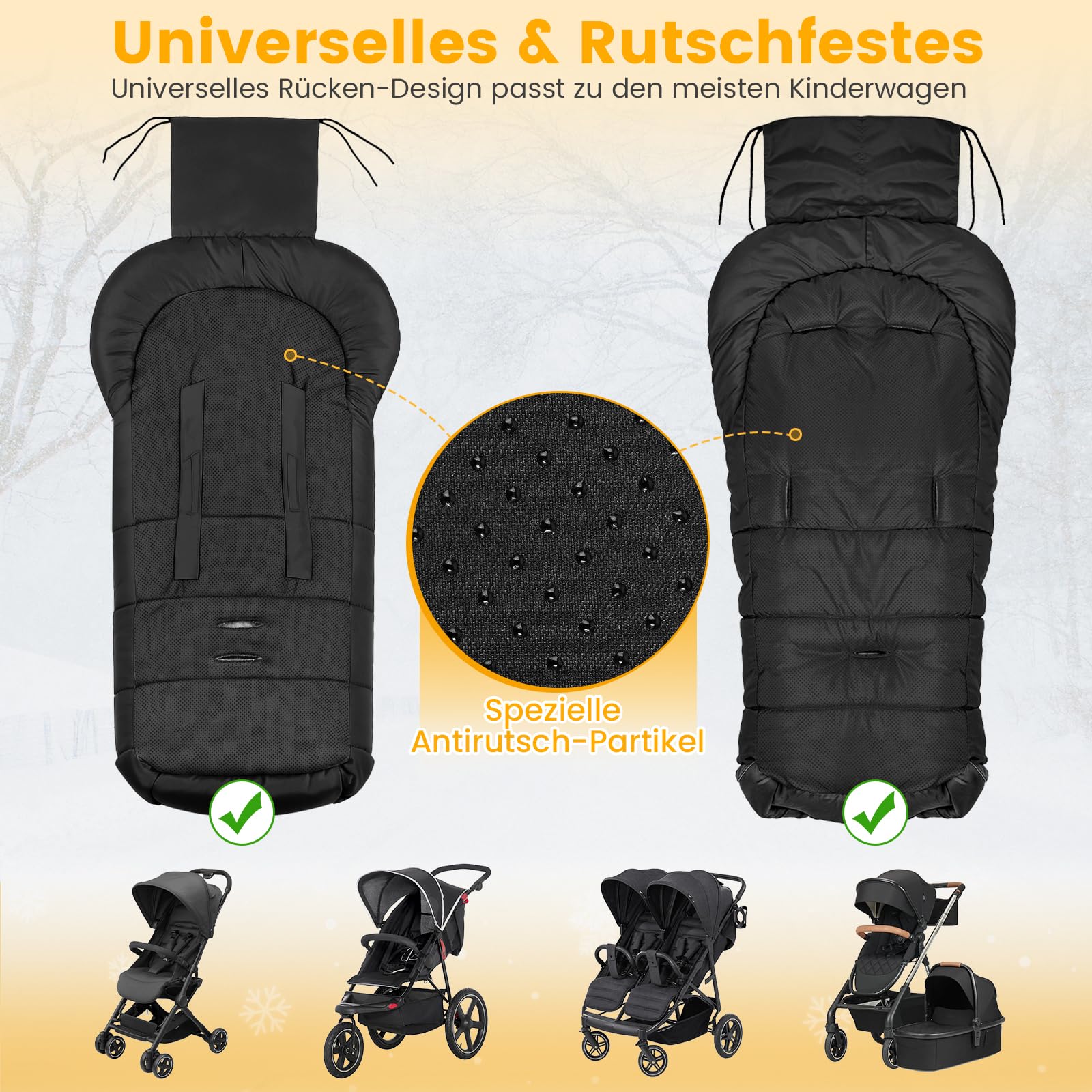 Orzbow Fußsack Kinderwagen Winter, Fußsack Buggy Fusssack Kinderwagen Baby Winter mit Wamres Korallen-Fleece, Reißverschluss, Anti-Rutschschutz & Reflektorstreifen, Universelle & Wasserdicht, Schwarz