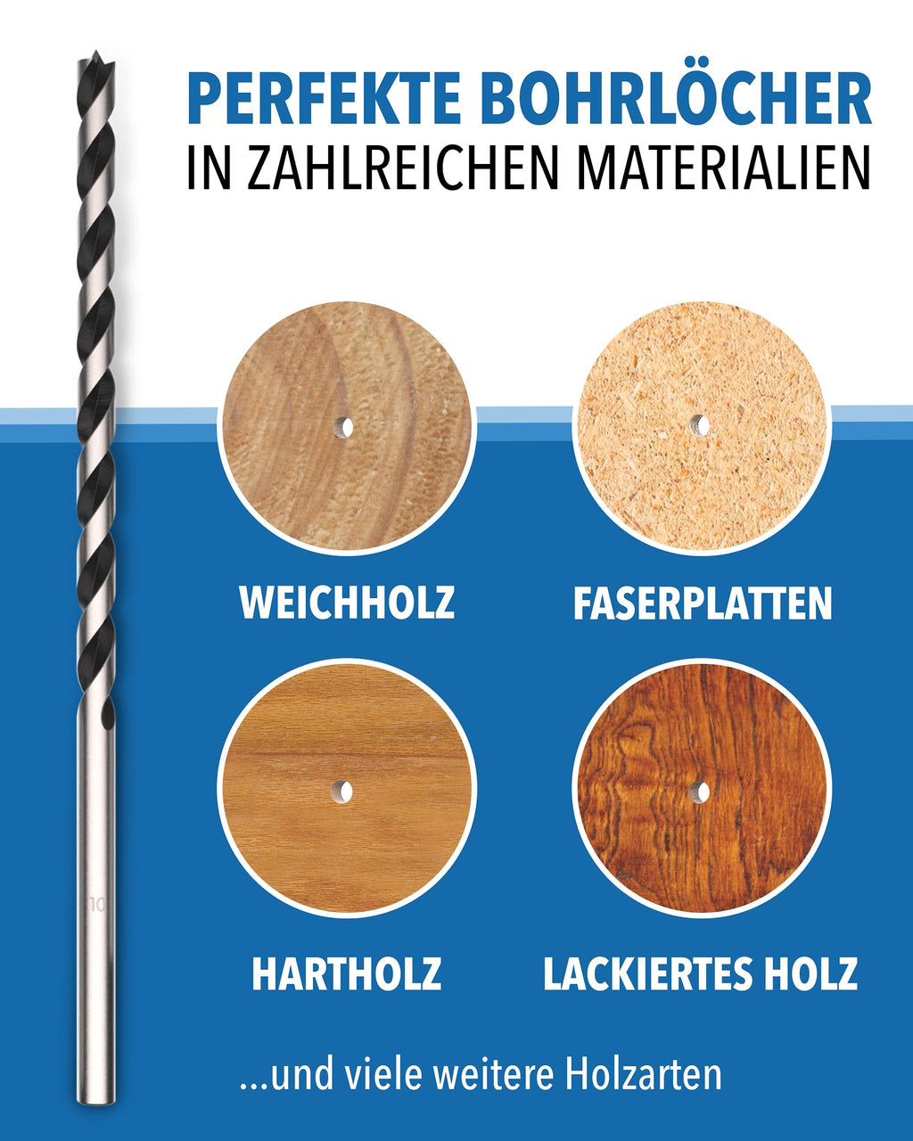 Holzbohrer Set lang Profi - [7-teilig inkl. Tasche] - Schlangenbohrer Ø 4mm, 5mm, 6mm, 7mm, 8mm, 10mm, 12mm x 230mm, lange Schalungsbohrer, Balkenbohrer, langer Holzspiralbohrer, Langbohrer