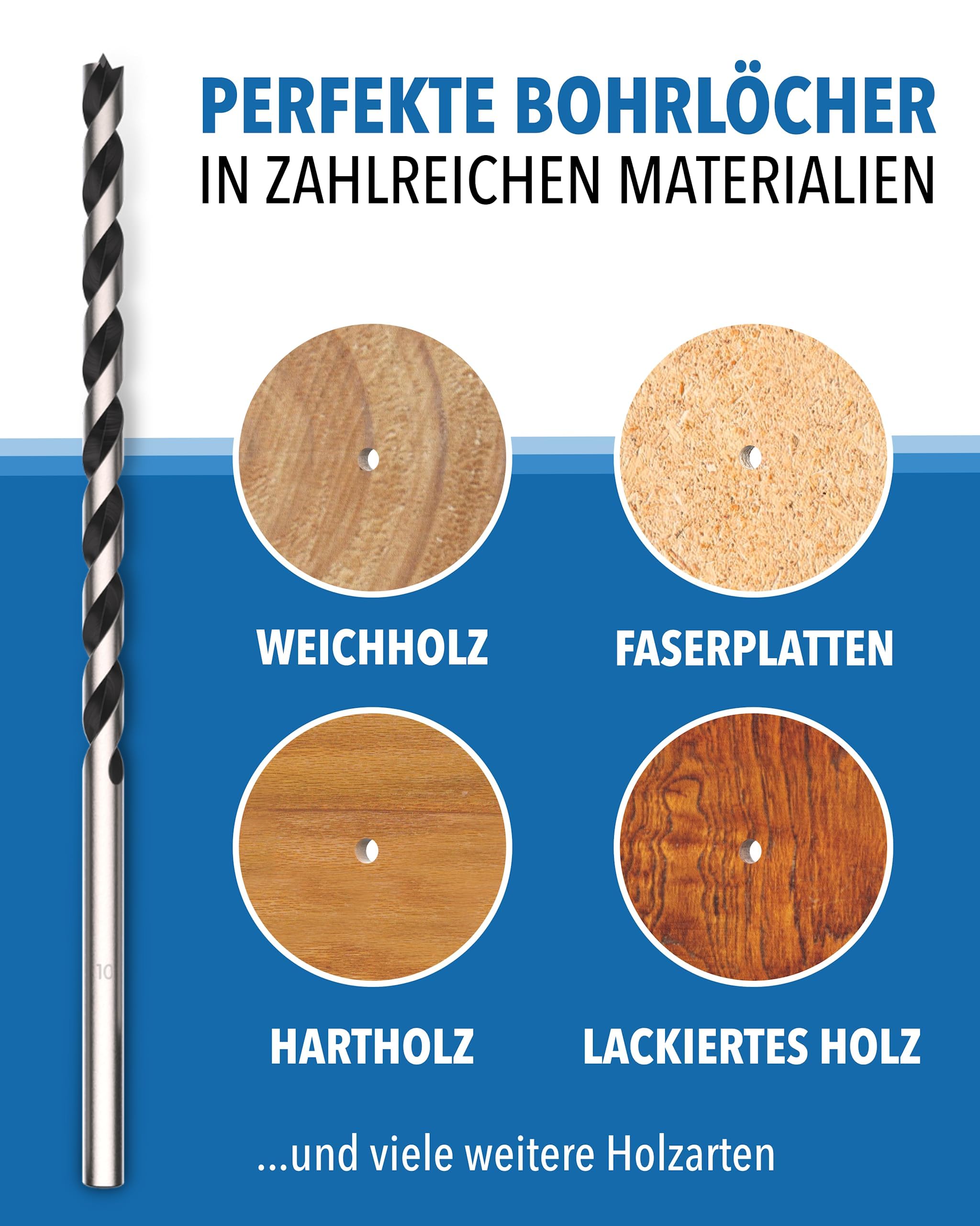 Holzbohrer Set lang Profi - [7-teilig inkl. Tasche] - Schlangenbohrer Ø 4mm, 5mm, 6mm, 7mm, 8mm, 10mm, 12mm x 230mm, lange Schalungsbohrer, Balkenbohrer, langer Holzspiralbohrer, Langbohrer