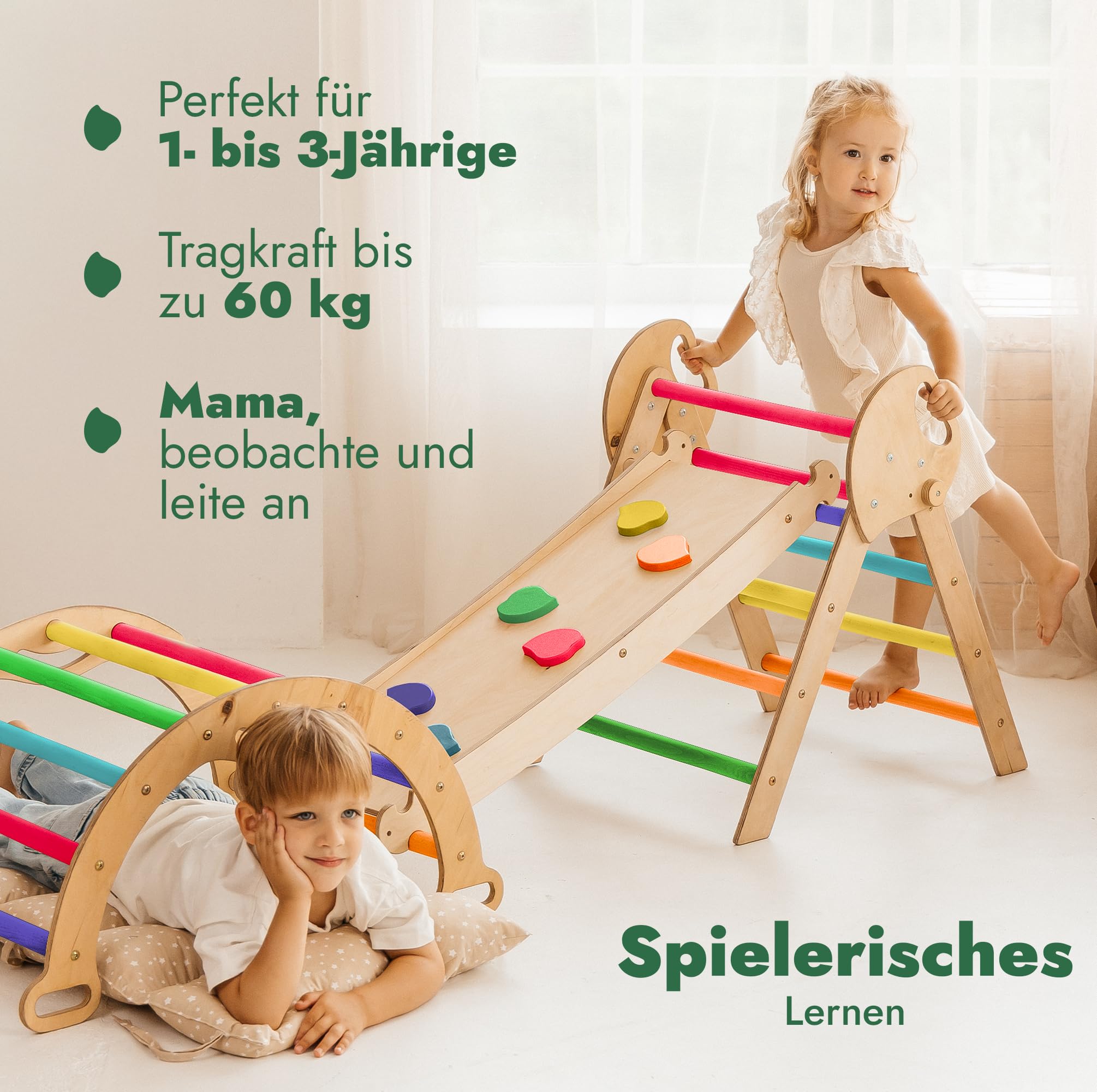 Goodevas 5-in-1 Montessori Klettergerüst Set: Indoor Kletterdreieck, Kletterbogen mit Kissen, und Rutsche für Kinder, Indoor Spielplatz 1-3 Jahre