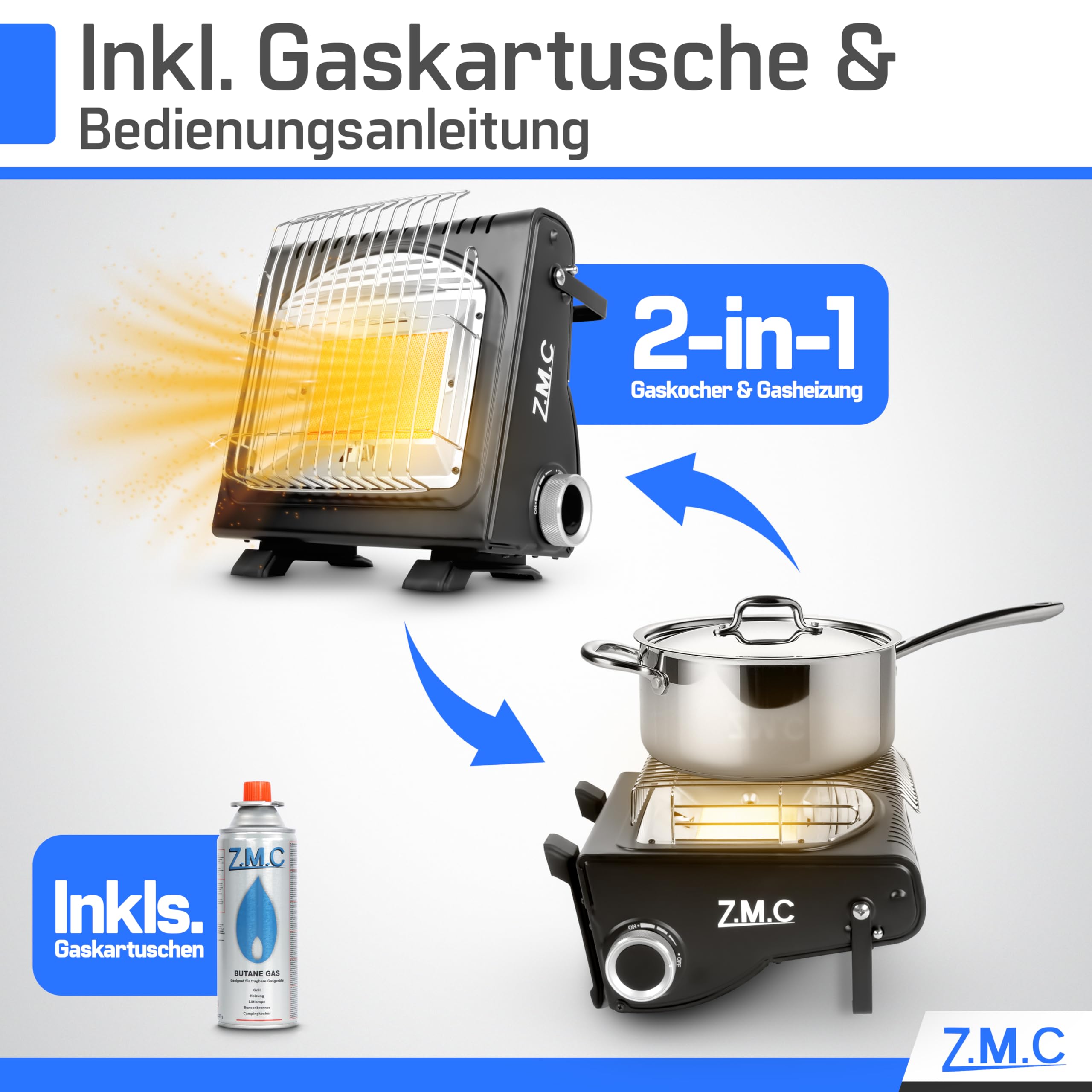 Z.M.C 2-in-1 Tragbare Gasheizung und Gaskocher + 16 Gaskartuschen 227g, multifunktionale Keramikheizung, Camping Heizung 1,7 kW, Gasheizer für Outdoor, Balkon, mobile Heizstrahler mit Piezozündung