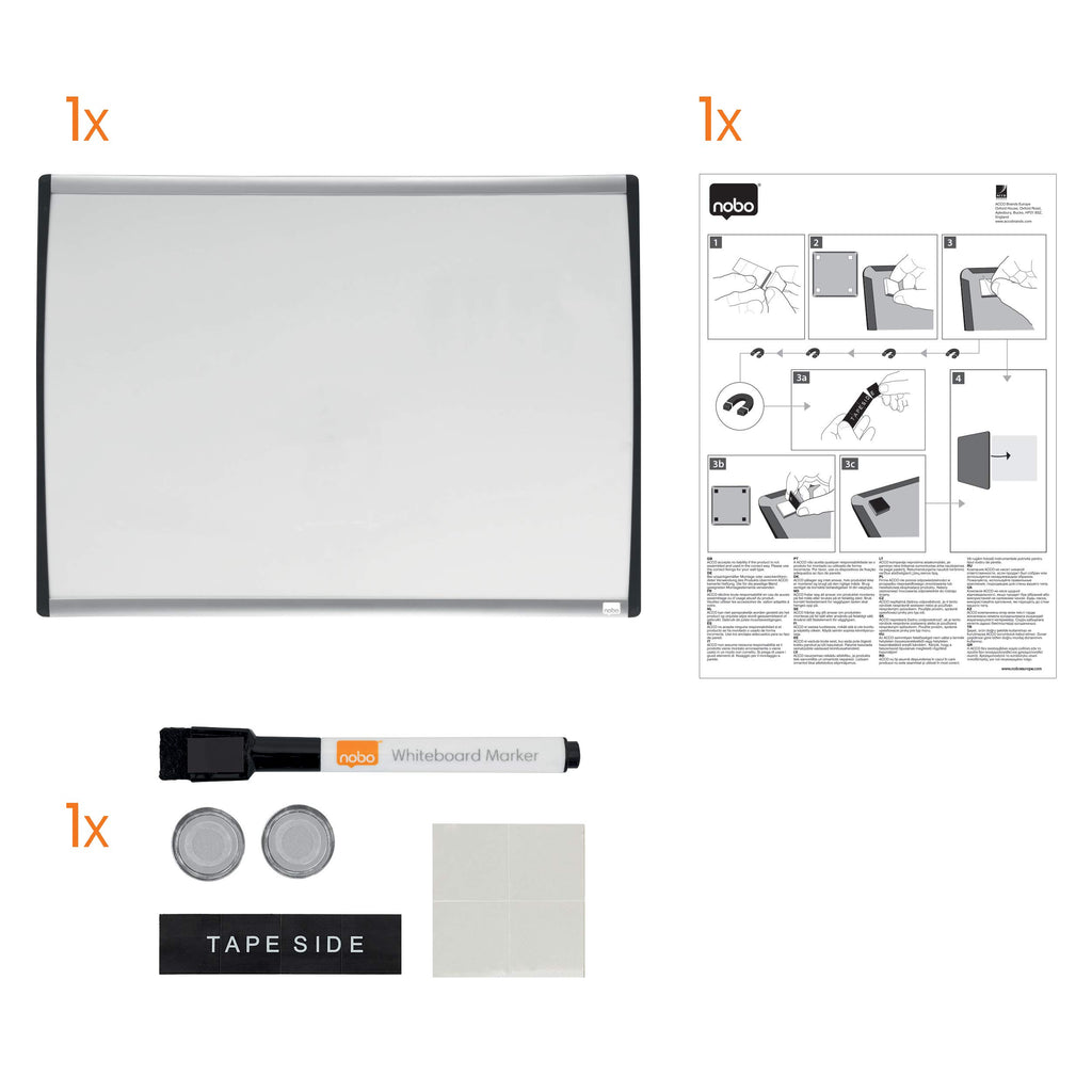 Nobo Kleines Magnetisches Whiteboard mit Gewölbtem Rahmen, Wandmontage, Inkl. Whiteboard-Marker, Magneten & Schaumstoff-Klebepads, Zuhause/Büro, 585 x 430 mm, 1903783