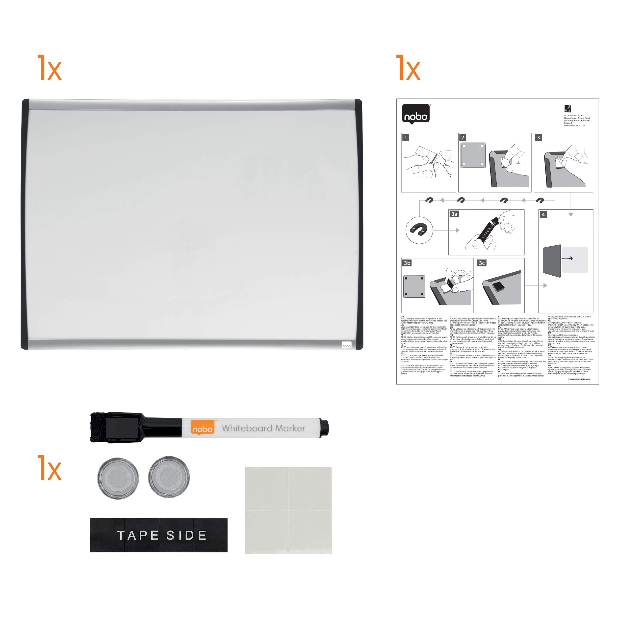 Nobo Kleines Magnetisches Whiteboard mit Gewölbtem Rahmen, Wandmontage, Inkl. Whiteboard-Marker, Magneten & Schaumstoff-Klebepads, Zuhause/Büro, 585 x 430 mm, 1903783