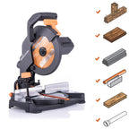 Evolution Gehrungssäge R210CMS | 1200 W Gehrungssäge | Inkl. Ø 210 mm HM-Sägeblatt Multi-Material-Schneiden Holz, Aluminium, Stahl, Kunststoff | 0°- 45° Fase und 45°- 45° Gehrungswinkel | Kappsäge