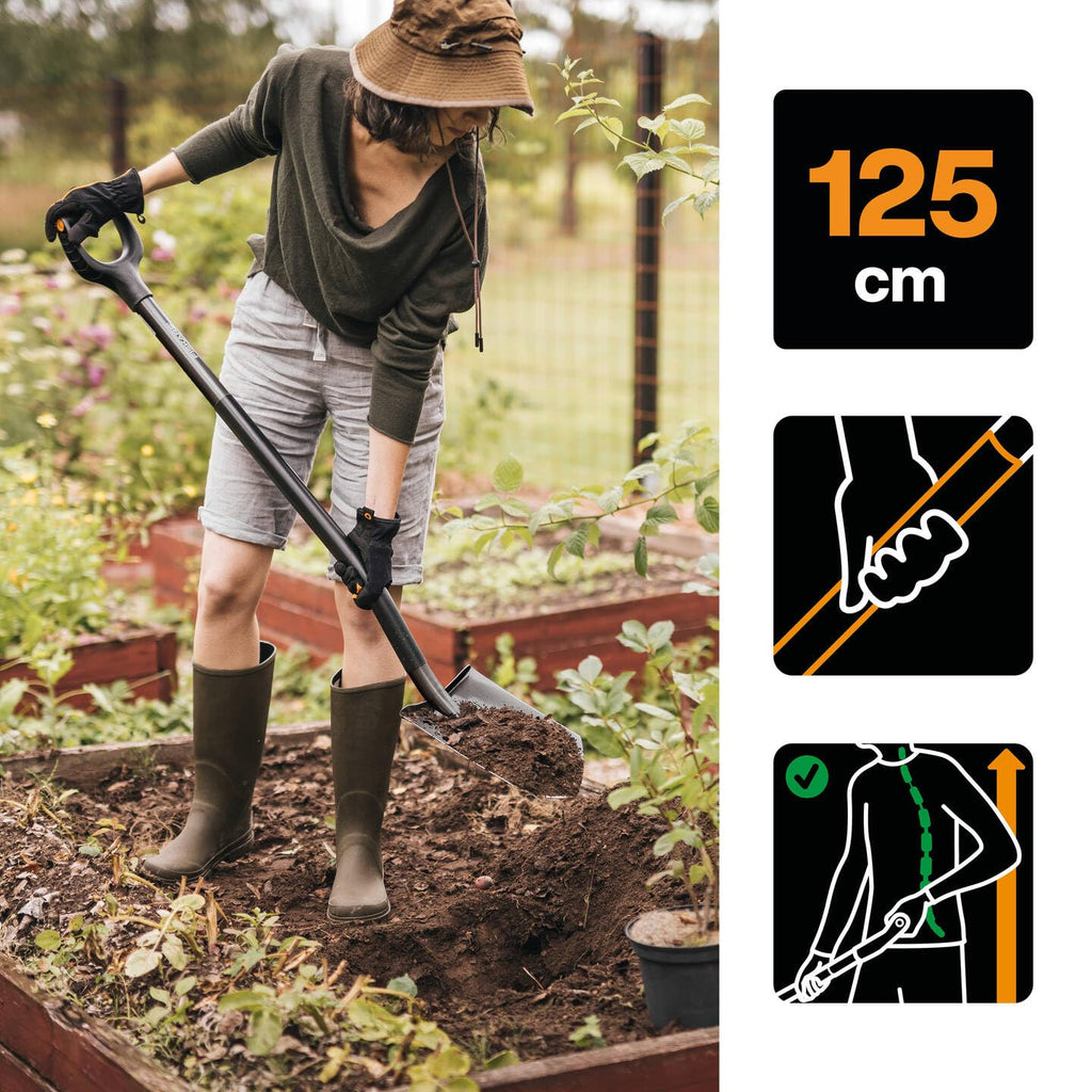 Fiskars Gärtnerspaten, Spitz, Spaten für harte, steinige Böden, Länge: 125 cm, Hochwertiger Borstahl, Grau/Schwarz, Ergonomic, 1070639