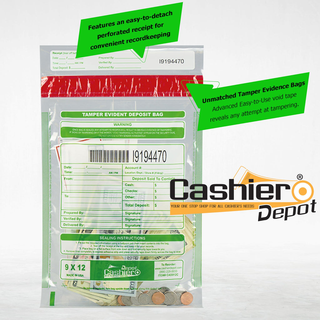 Cashier Depot Manipulationssichere Bankeintüten, 22,9 x 30,5 cm, transparent, serialisierte Nummerierung, Barcode, Press- & Seal Void Verschlussband