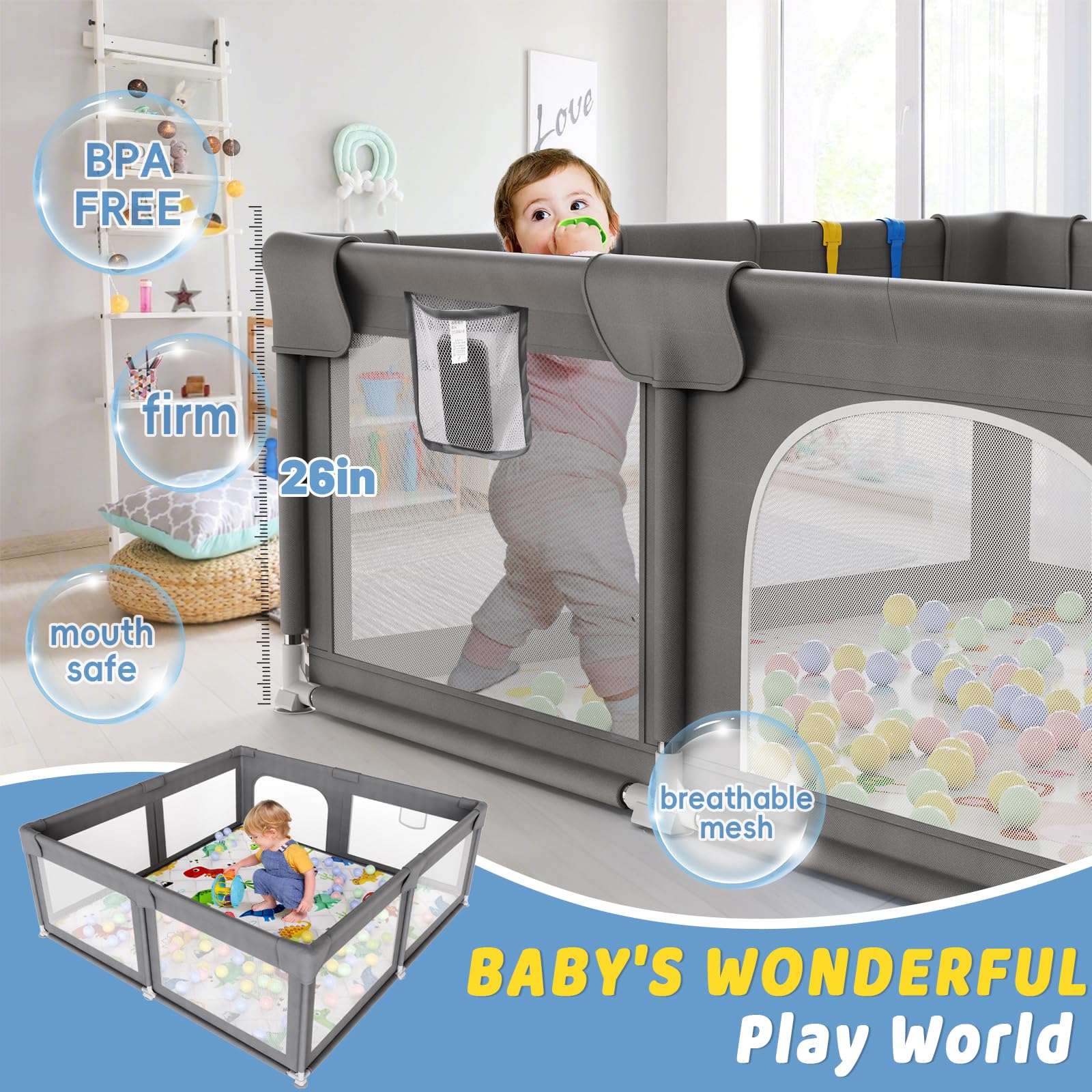 Palopalo Laufstall Baby 127x127cm, Laufgitter für Babys und Kleinkinder, Laufgitter Baby mit Reißverschlusstür und Atmungsaktivem Netz, Laufstall 300D Oxford Geweb, Dunkelgrau