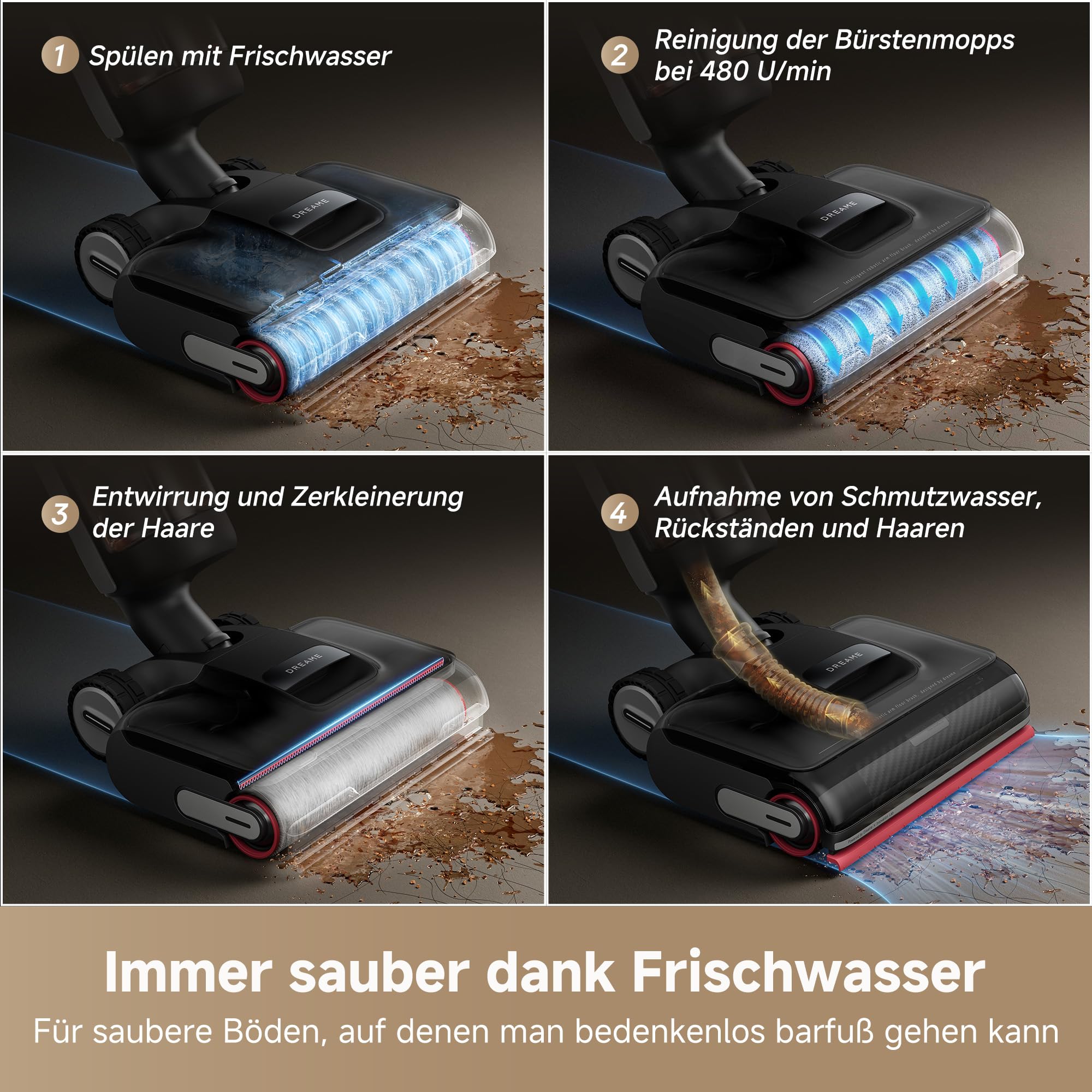 dreame H15S Nass- und Trockensauger, 3-fache Kantenreinigung, KI-Roboterarm, 21.000 Pa Saugkraft, verhedderungsfrei, 90 °C Bürstenreinigung, leise 90 °C Trocknung, flaches 180°-Design, App-Steuerung