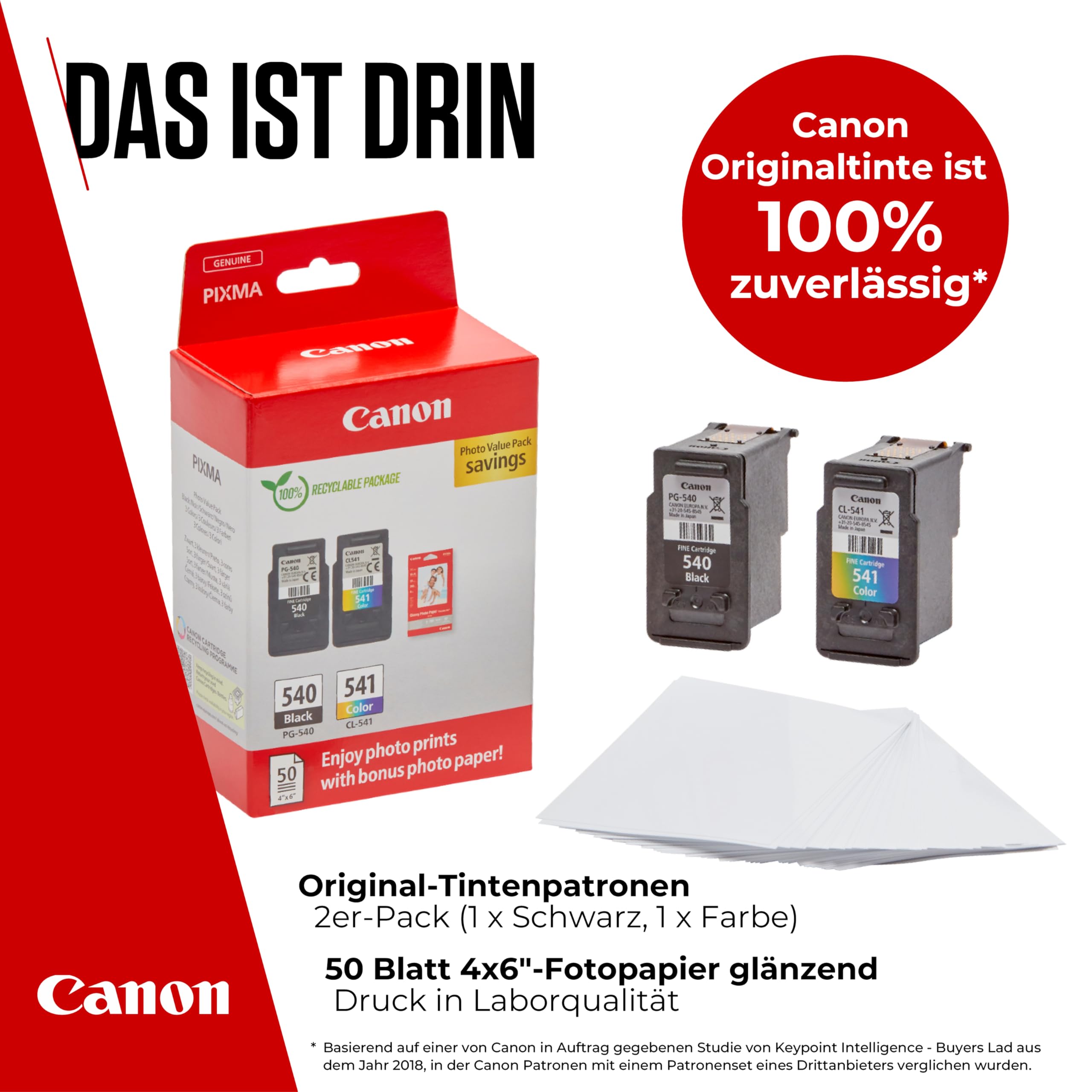 Canon Tinte & Papier Multipack - PG-540/CL-541 Original Drucker Tintenpatronen 2er-Pack (1 x Schwarz, 1 x Farbe druckerpatronen) & 4x6 Fotopapier (50 x Blatt) Für PIXMA TS5150, TS5151, MG3650s, MG4250