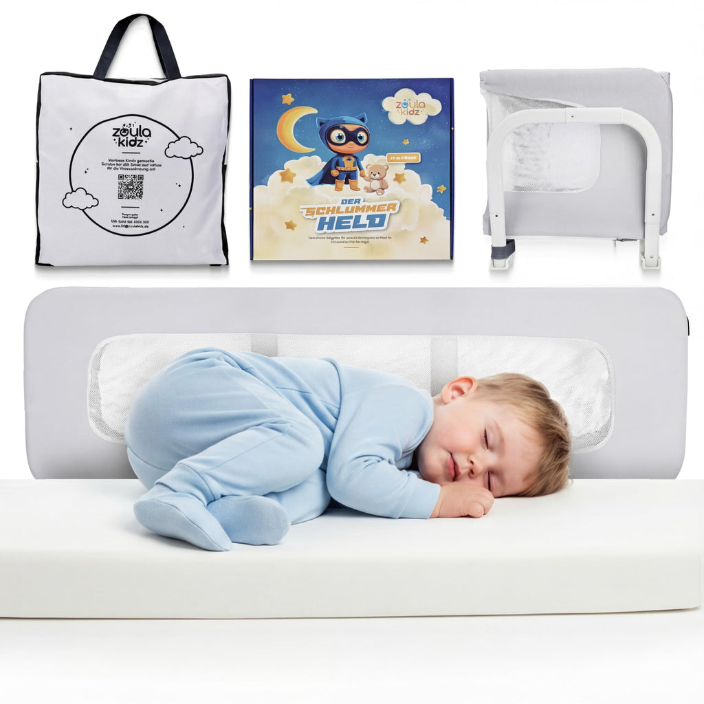 zoula kidz® faltbares Bettgitter als Rausfallschutz Bett Reise - Klappbar & Höhenverstellbar - Bettschutzgitter für Boxspringbett, Elternbett, Kinderbett - Mit Tasche & Gurt - ultrakompaktes Packmaß