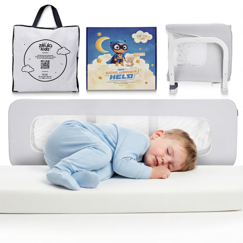 zoula kidz® faltbares Bettgitter als Rausfallschutz Bett Reise - Klappbar & Höhenverstellbar - Bettschutzgitter für Boxspringbett, Elternbett, Kinderbett - Mit Tasche & Gurt - ultrakompaktes Packmaß