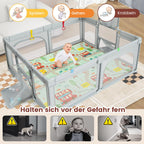 COSTWAY 188 x 157cm Laufstall Baby Faltbar, Laufgitter mit Matratze, Basketballkorb, Fußballnetzen, 50 Spielbällen, Krabbelgitter mit atmungsaktivem Netz, Tragetasche für Kleinkinder (Klein, Hellgrau)