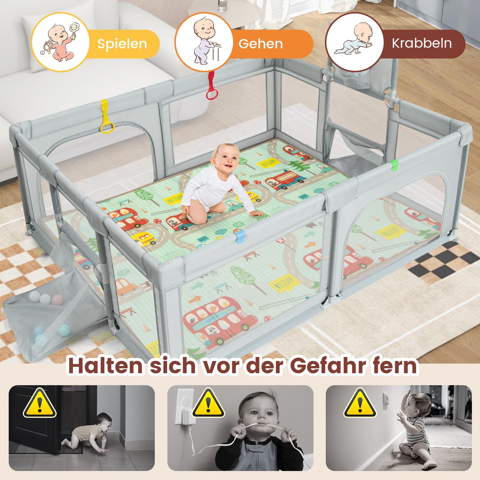 COSTWAY 188 x 157cm Laufstall Baby Faltbar, Laufgitter mit Matratze, Basketballkorb, Fußballnetzen, 50 Spielbällen, Krabbelgitter mit atmungsaktivem Netz, Tragetasche für Kleinkinder (Klein, Hellgrau)