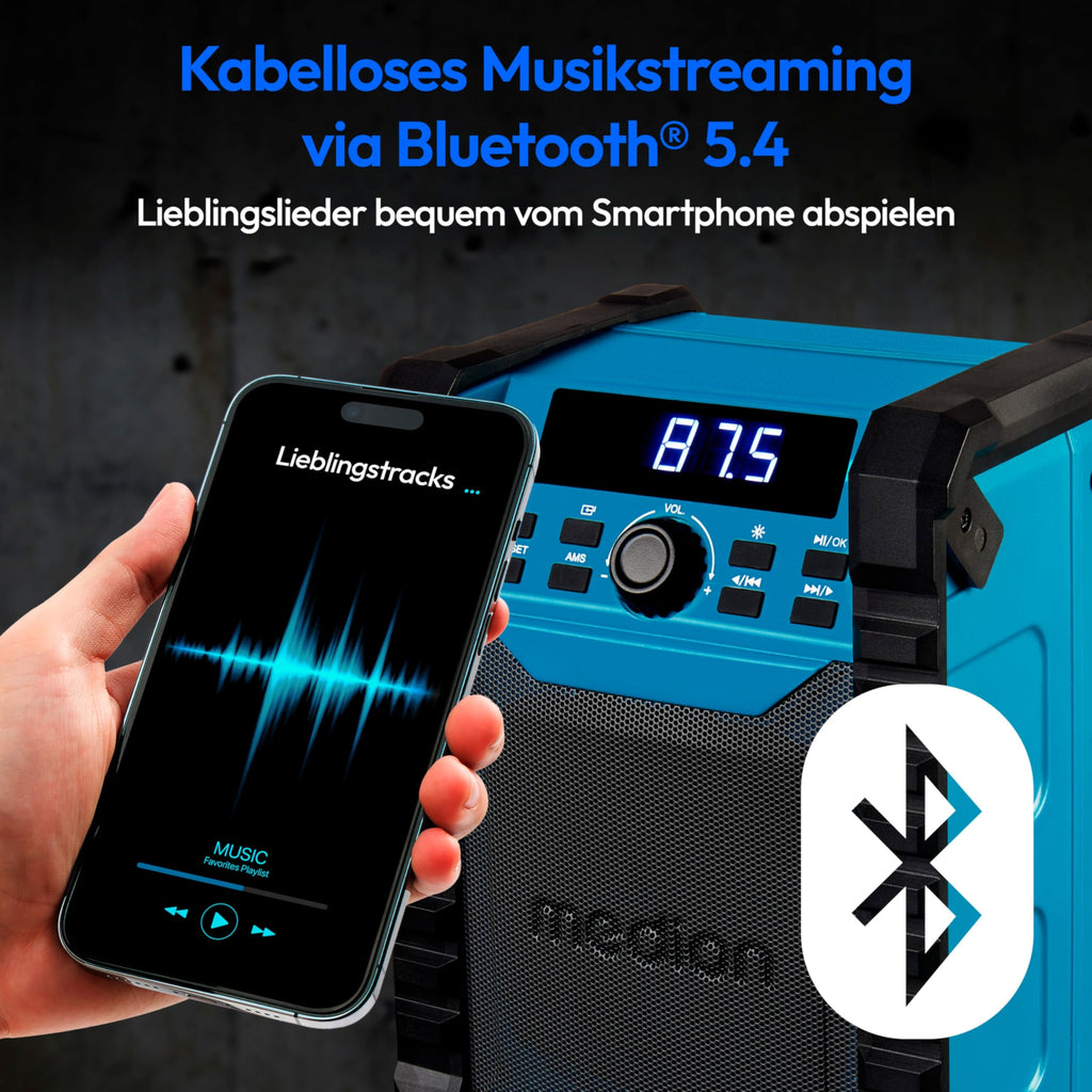 MEDION E65895 Baustellenradio mit Akku (Robustes Gehäuse, Tragegriff, Bluetooth, Spritzwassergeschützt (IP54), UKW Radio, AUX) grün