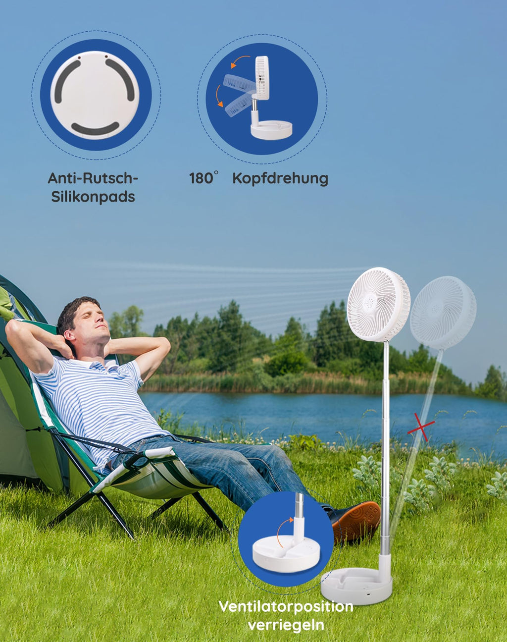Primevolve 8" Ventilator Faltbarer mit Fernbedienung, 7200mAh Akku USB Standventilator Fan Tragbarer für Outdoor Reise Camping, Tischventilator Leise für Schlafzimmer Büro- Weiß