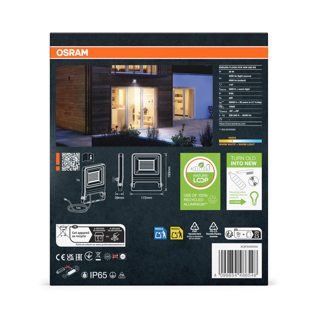 Osram ENDURA FLOOD PC 50W LED-Fluter, 3000K warmweiß, 5000 Lumen, IP65 Flutlicht, nachhaltiges Aluminium, 100 lm/W Effizienz, Dunkelgrau