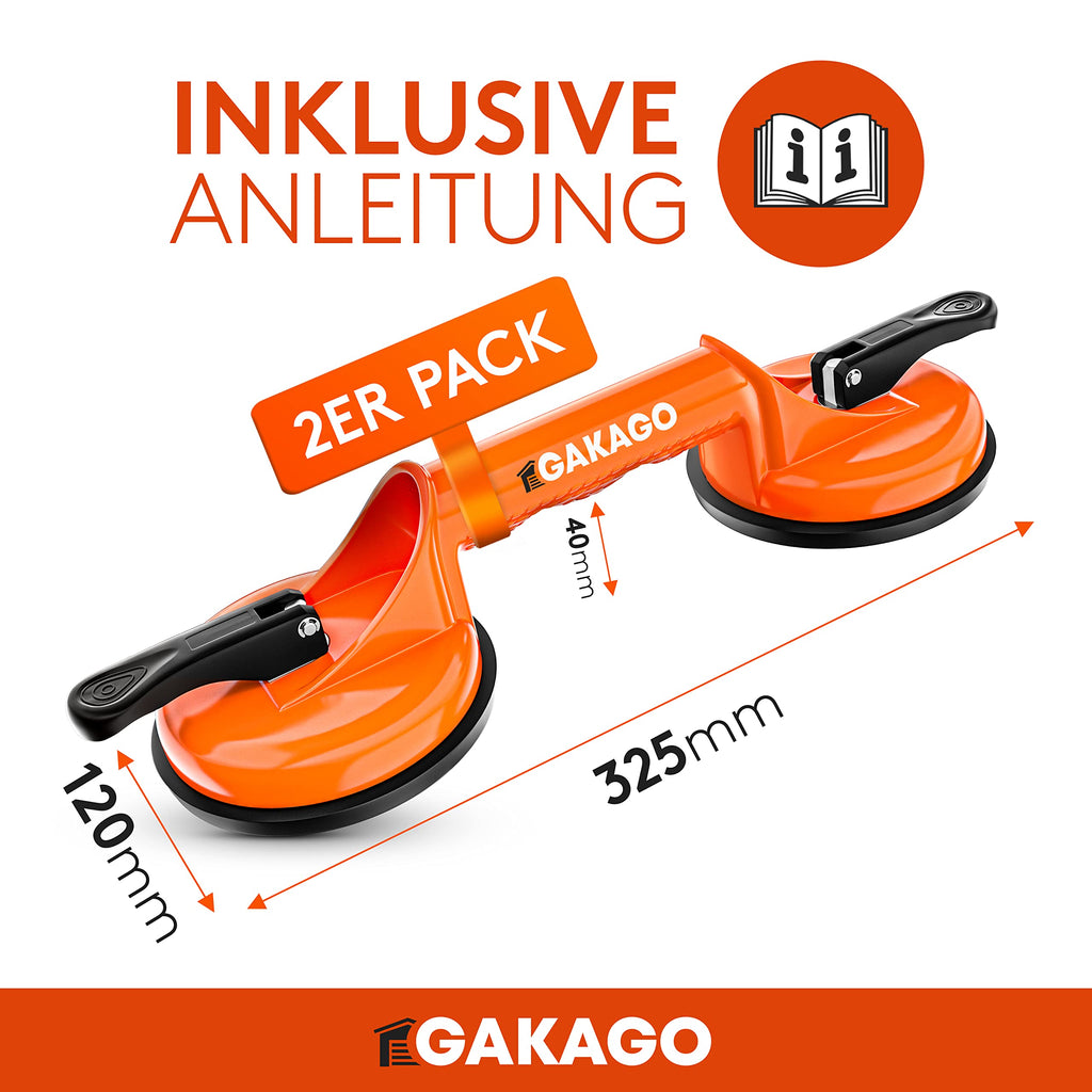 Gakago Saugheber (2er Pack) - Ergonomische & rutschfeste Sauggriffe - 120kg tragfähiger Vakuumheber für den Transport von Fliesen, Laminat, Scheiben und Glas als Glasheber, Glassauger, Glasträger