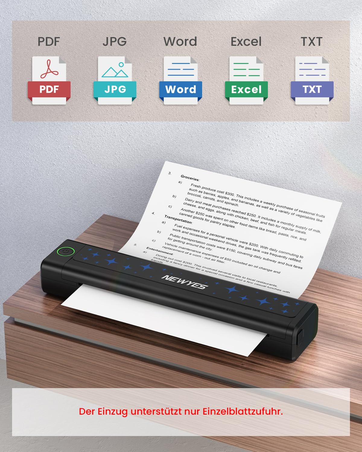 NEWYES Drucker, Tragbarer Thermodrucker für Geschäftsreisende und Studenten – Bluetooth Drucker für A4 Thermodruckpapier, Kompakt, Sofortiger Druck & Langlebiger Akku