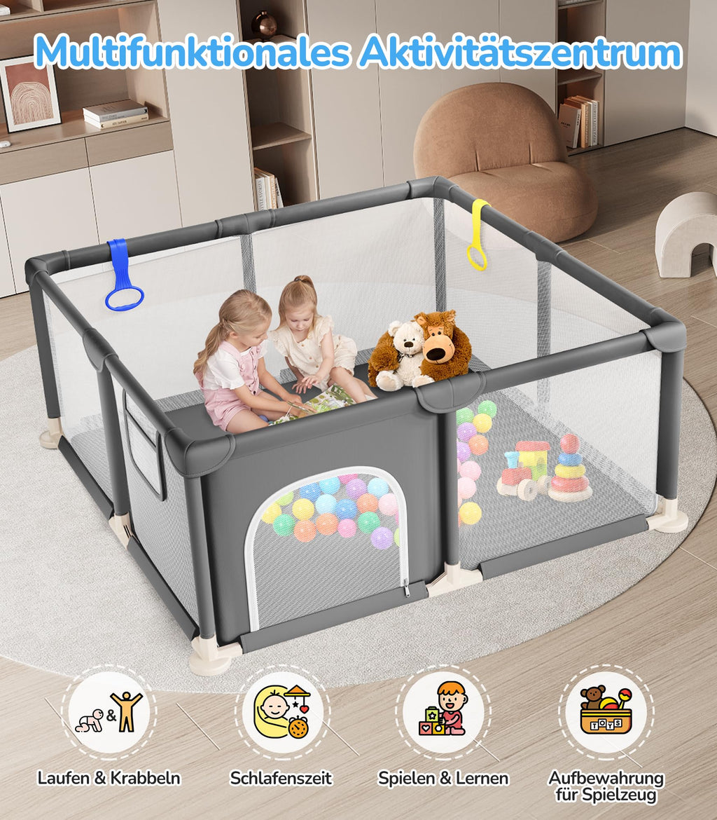 Dripex Laufstall Baby 124x124cm, Laufgitter Baby, Laufstall mit atmungsaktivem Netz, Laufgitter 210D Oxford Gewebe, Playpen, kinderlaufstall, Dunkelgrau