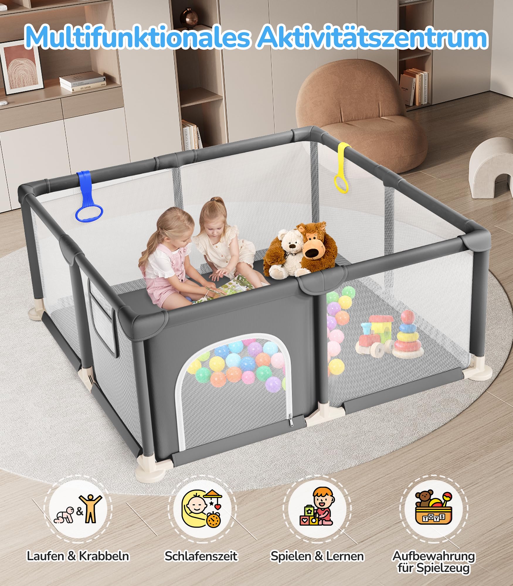 Dripex Laufstall Baby 124x124cm, Laufgitter Baby, Laufstall mit atmungsaktivem Netz, Laufgitter 210D Oxford Gewebe, Playpen, kinderlaufstall, Dunkelgrau