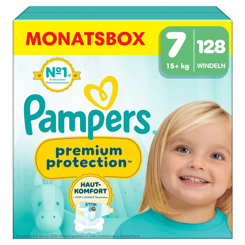 Pampers Premium Protection Größe 7, 128 Windeln, 15kg+, Doppelter Schutz für die Haut und vor Auslaufen