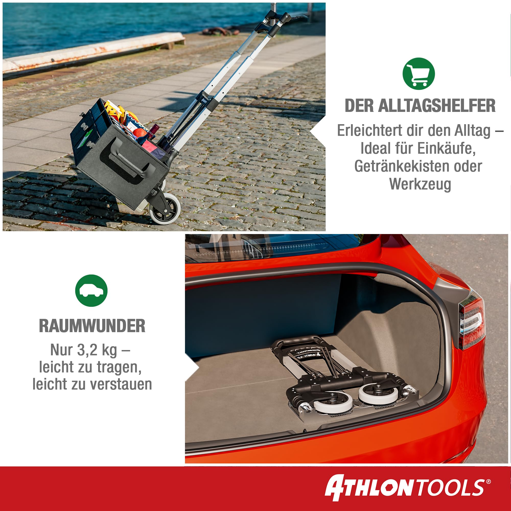 ATHLON TOOLS Aluminium Transportkarre klappbar TÜV geprüft – Langer Teleskopgriff 110 cm, Anti-Rutsch-Pads, Soft-Laufräder, inkl. 2 Expanderseile