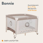 LIONELO BONNIE Laufgitter bis 15 kg, von der Geburt bis 36 Monate, Seitlicher Zugang mit Reißverschluss, Seiten mit Luftmaschen, schnell zusammenklappbar, gebremste Räder, Tragetasche