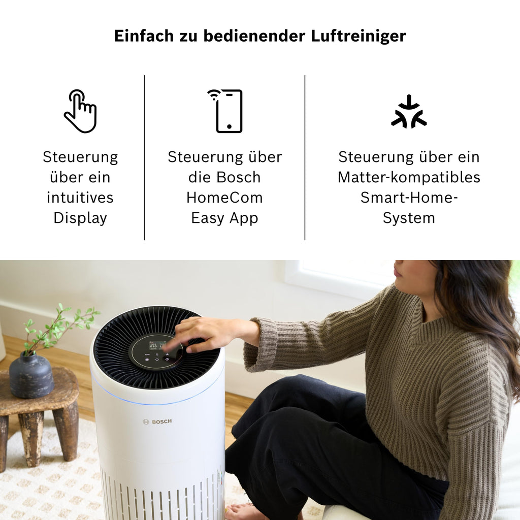 Bosch Air 6000i App-gesteuerter Luftreiniger - Für Räume bis zu 125 m² - Entfernt Schadstoffe - Mit 4-in-1 Luftfilter, Smart Sensor, Automatikmods, Ruhemodus (< 25 dB(A)) - CADR: 600 m³/h