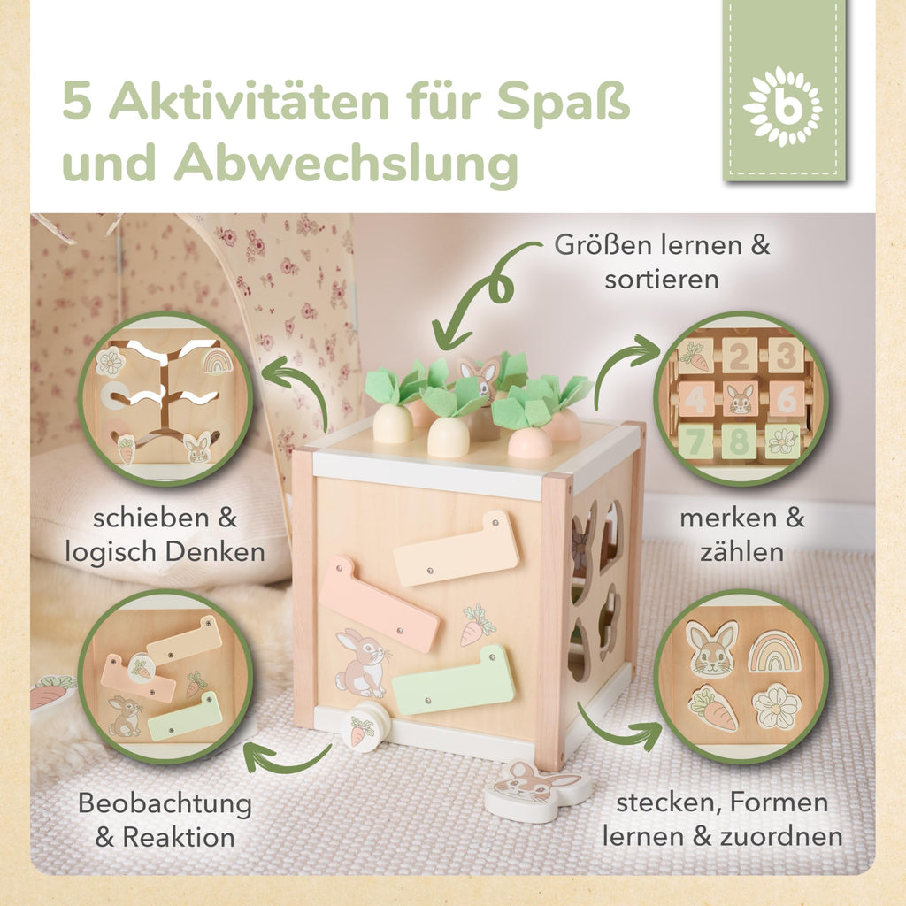 Bieco Motorikwürfel Hase Fine XXL nachhaltiges Holz FSC® | Spielwürfel Baby | Motorikwürfel ab 1 Jahr Activity Würfel Activity Center Montessori