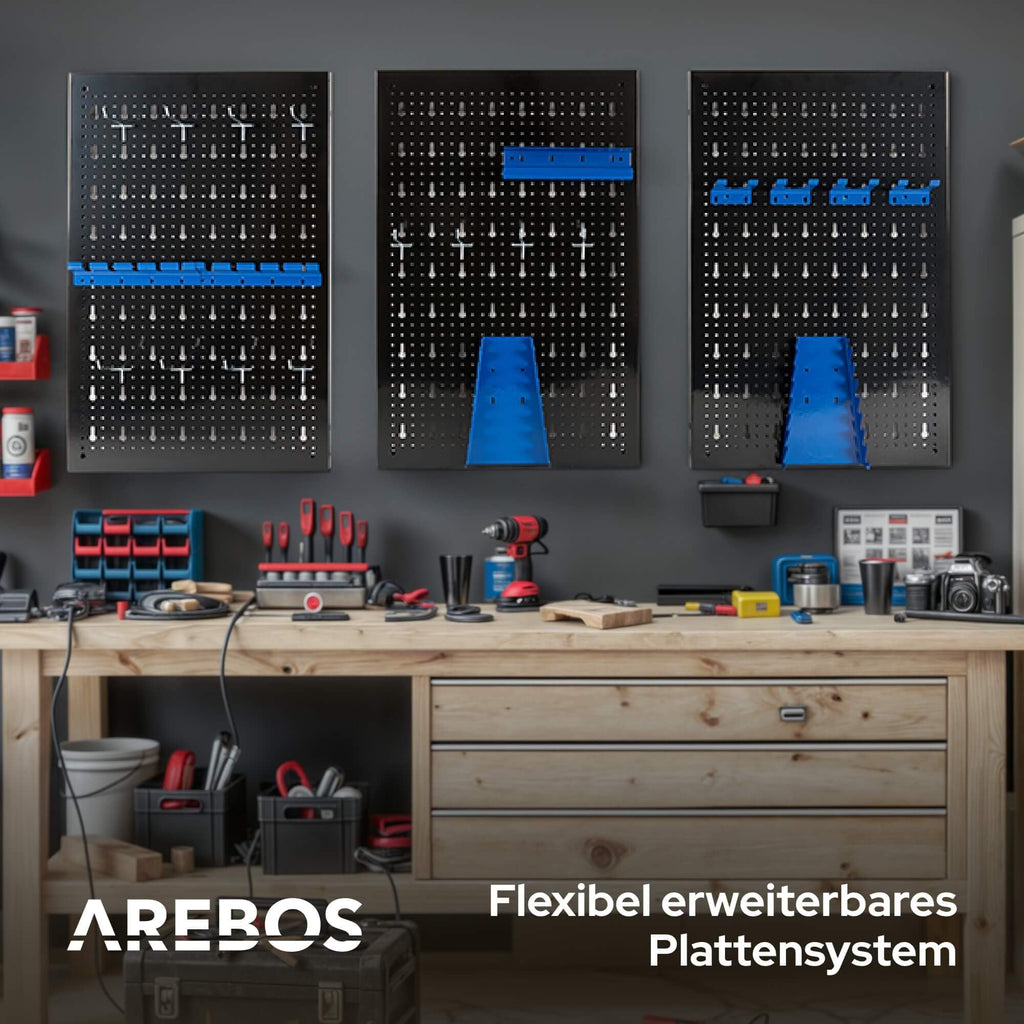 Arebos Werkzeugwand 3-teilige Lochwand Werkstatt | 17-teiliges Hakenset & Halterungen | 117,6 x 59,5 x 2 cm | Werkzeuglochwand aus Metall für Werkstatteinrichtung inkl. Montagematerial | Blau