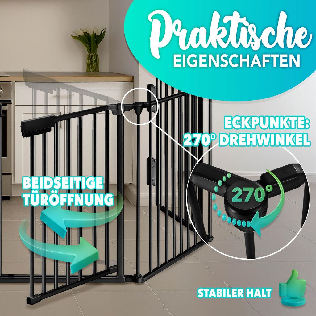 KIDUKU® Kaminschutzgitter mit Tür Metall 180 cm | Absperrgitter Ofenschutzgitter faltbar | Konfigurationsgitter inkl. 3 Elementen (Schwarz)