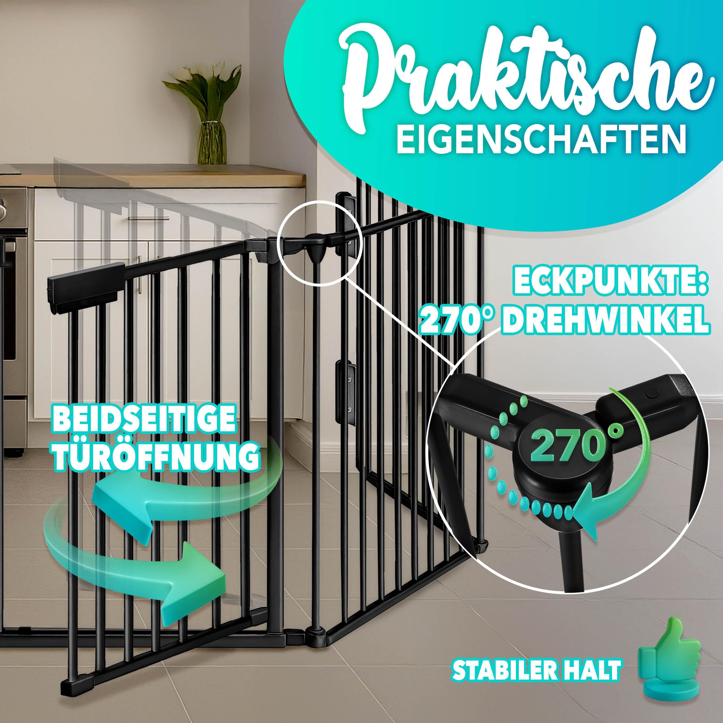 KIDUKU® Kaminschutzgitter mit Tür Metall 180 cm | Absperrgitter Ofenschutzgitter faltbar | Konfigurationsgitter inkl. 3 Elementen (Schwarz)
