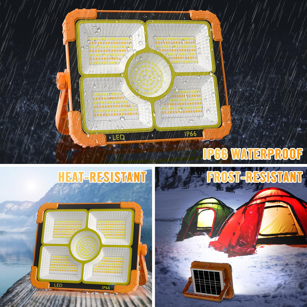 100W Baustrahler Akku Solar Arbeitsleuchte, 466 LED 5 Modi, 10000LM 12000mAh USB-wiederaufladbar, IP66 wasserdicht Akku Arbeitsleuchte Tragbar im Freien für Baustelle, Camping, Garage, Notfälle