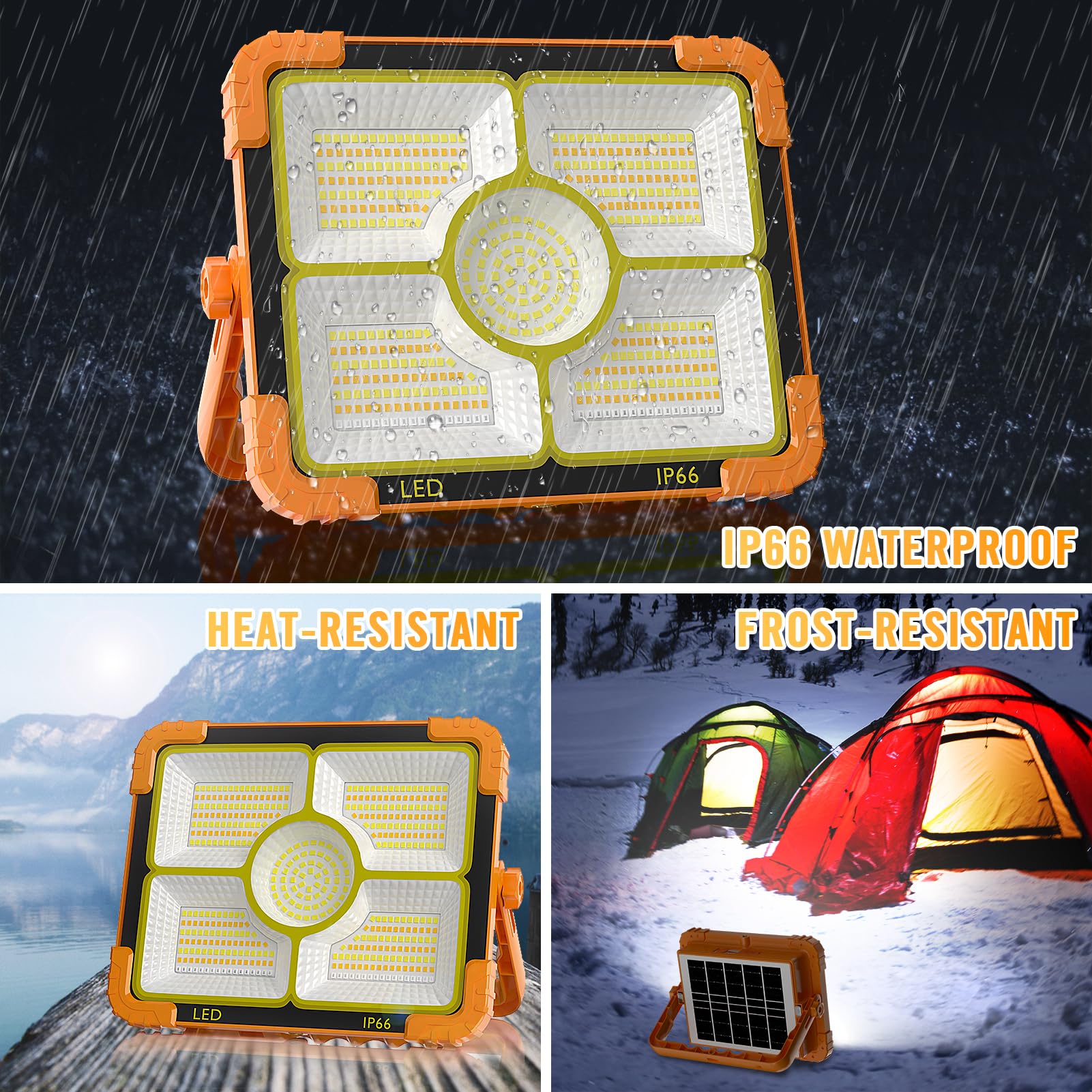 100W Baustrahler Akku Solar Arbeitsleuchte, 466 LED 5 Modi, 10000LM 12000mAh USB-wiederaufladbar, IP66 wasserdicht Akku Arbeitsleuchte Tragbar im Freien für Baustelle, Camping, Garage, Notfälle