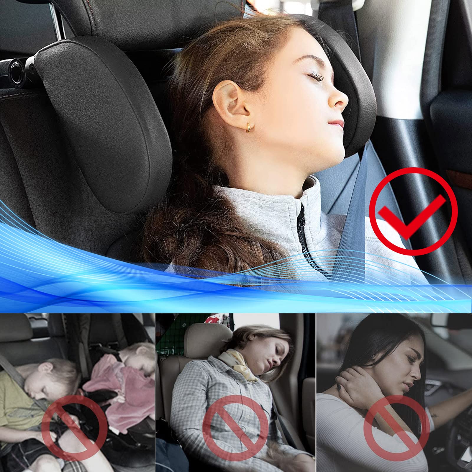 VniYors KopfstüTze Auto Kinder, Grad Verstellbares Atmungsaktiv Leder NackenstüTze Auto, StüTzt Den Hals Anti-Verwacklung, Geeignet für Kinder und Erwachsene, Die Reisen Schlafen