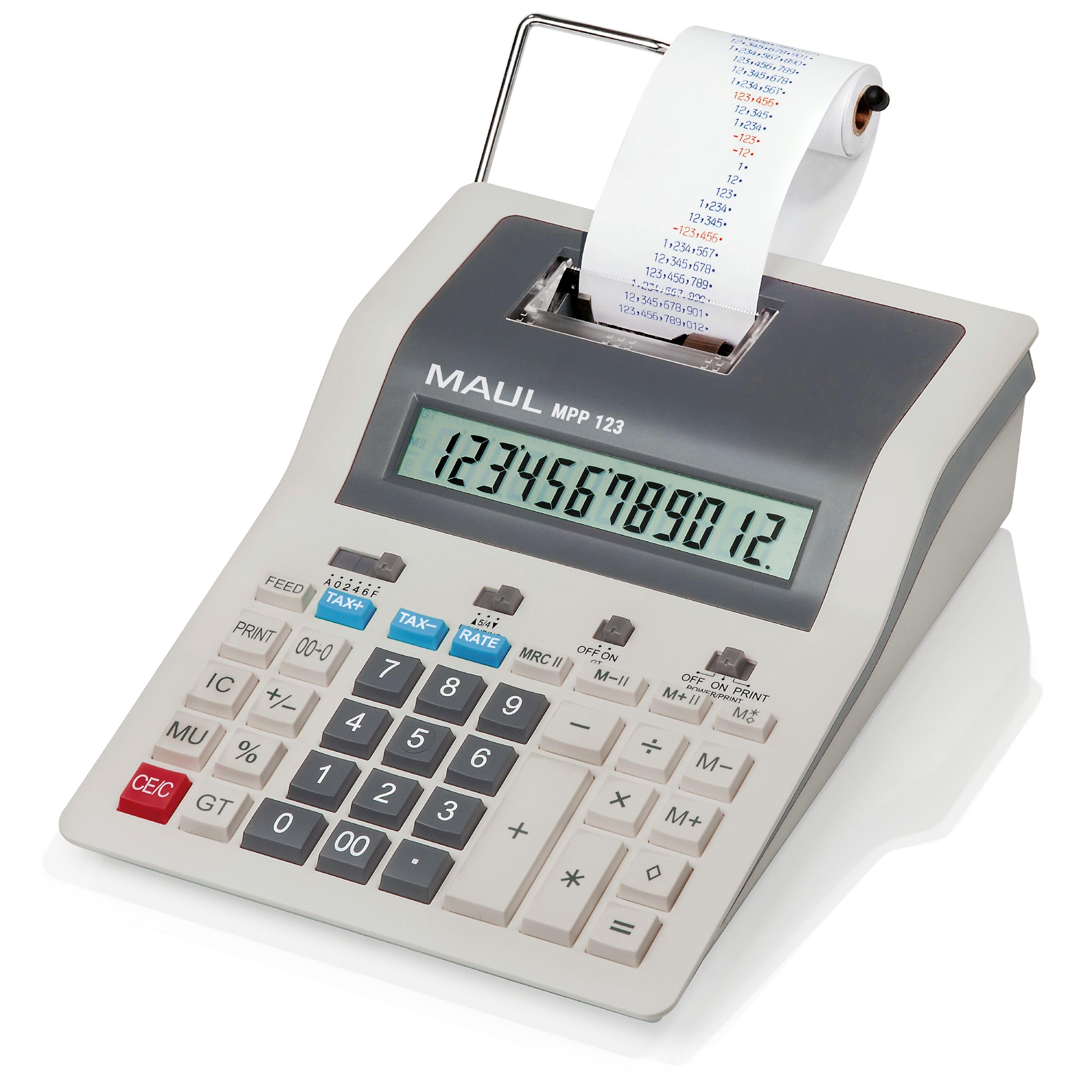 Maul Tischrechner Printing MPP 123 | druckender Rechner mit wichtigen kaufmännischen Funktionen und 12-stelligem Display | 2-Farbiger Druck | 2,4 Zeilen/Sek | Netzbetrieb | Grau