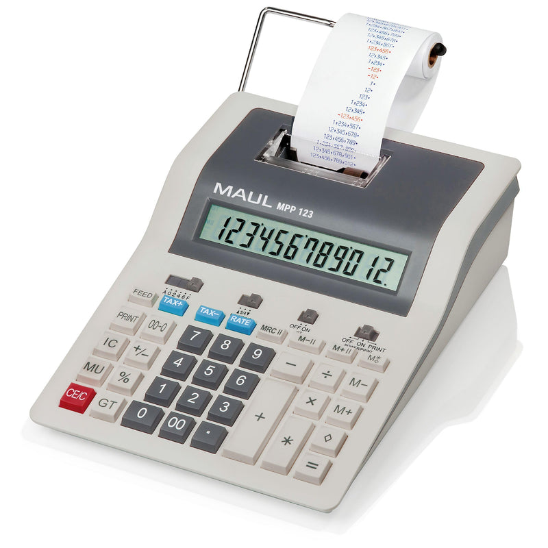 Maul Tischrechner Printing MPP 123 | druckender Rechner mit wichtigen kaufmännischen Funktionen und 12-stelligem Display | 2-Farbiger Druck | 2,4 Zeilen/Sek | Netzbetrieb | Grau