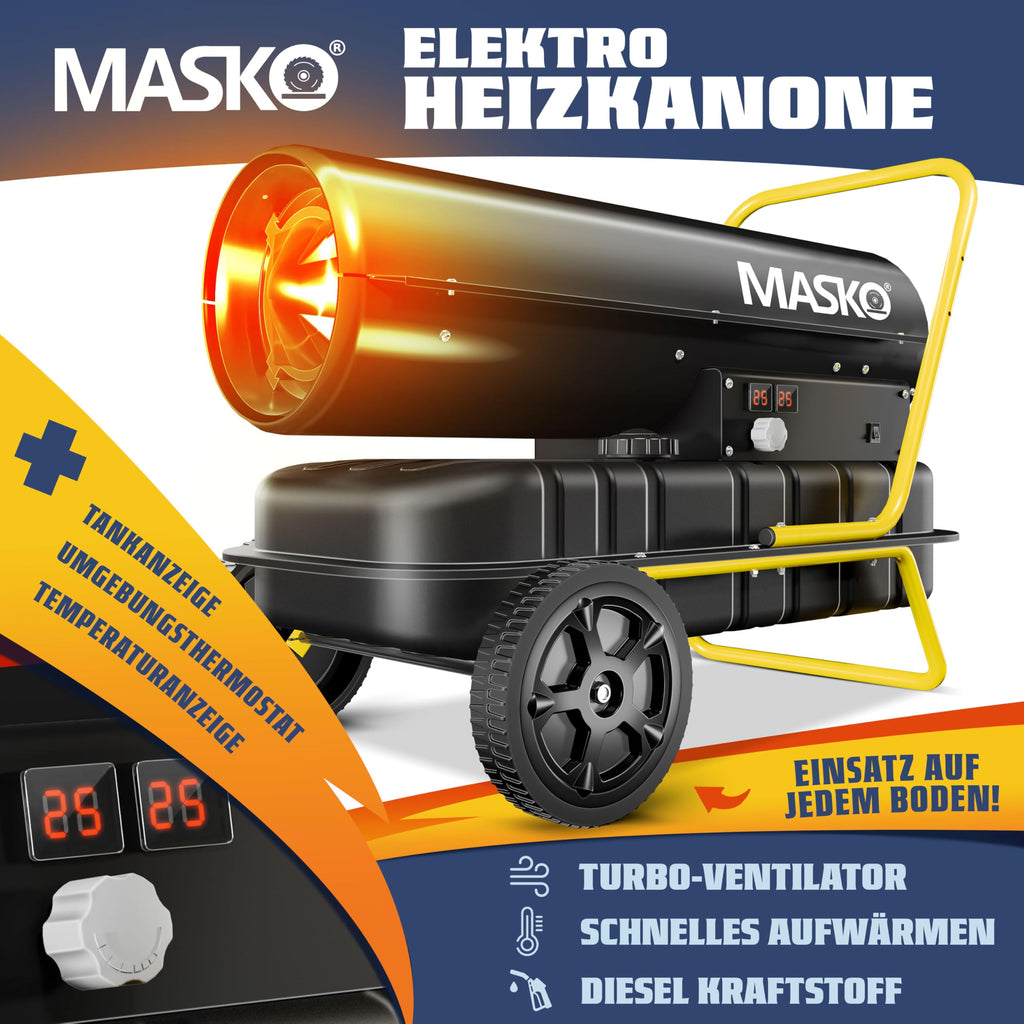 MASKO® Heizkanone 30kW Diesel Bautrockner Bauheizer Heißluftgenerator Heizgebläse 38L Tank mit Thermostat Ölheizer Luftstrom 750m³/h/Stunde Ölbeheizung Heizlüfter Heizstrahler Schwarz
