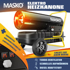 MASKO® Heizkanone 30kW Diesel Bautrockner Bauheizer Heißluftgenerator Heizgebläse 38L Tank mit Thermostat Ölheizer Luftstrom 750m³/h/Stunde Ölbeheizung Heizlüfter Heizstrahler Schwarz