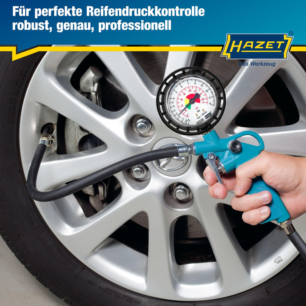 HAZET Reifenfüll-Messgerät 9041-1 I Manometer-Messbereich: 0-12 bar, Schlauchlänge: 400 mm, Manometer-Durchmesser: 63 mm I Reifendruck-Prüfer für Auto, Motorrad, Lkw uvm.
