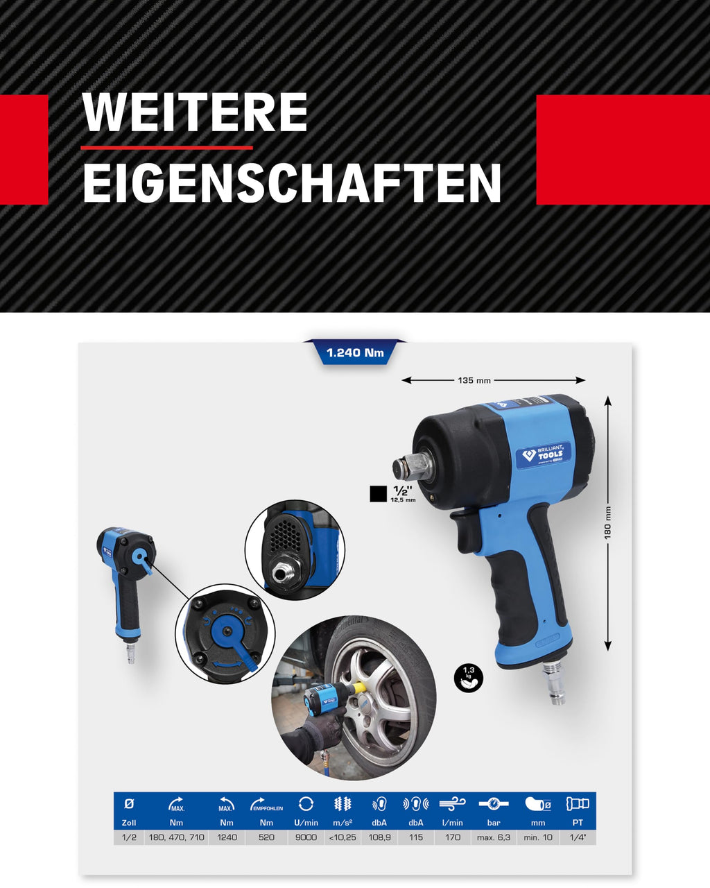 KS TOOLS 1/2" Mini-Druckluft-Schlagschrauber, 1.240 Nm