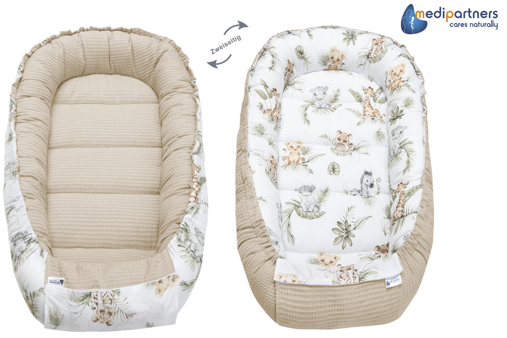 Medi Partners Babynest Nestchen für Neugeborene - 100x60x15 Babynestchen Baby zweiseitg Nest Bett 100% Baumwolle Waffel Kuschelnest tragbar (‎Safari mit beige Waffel)