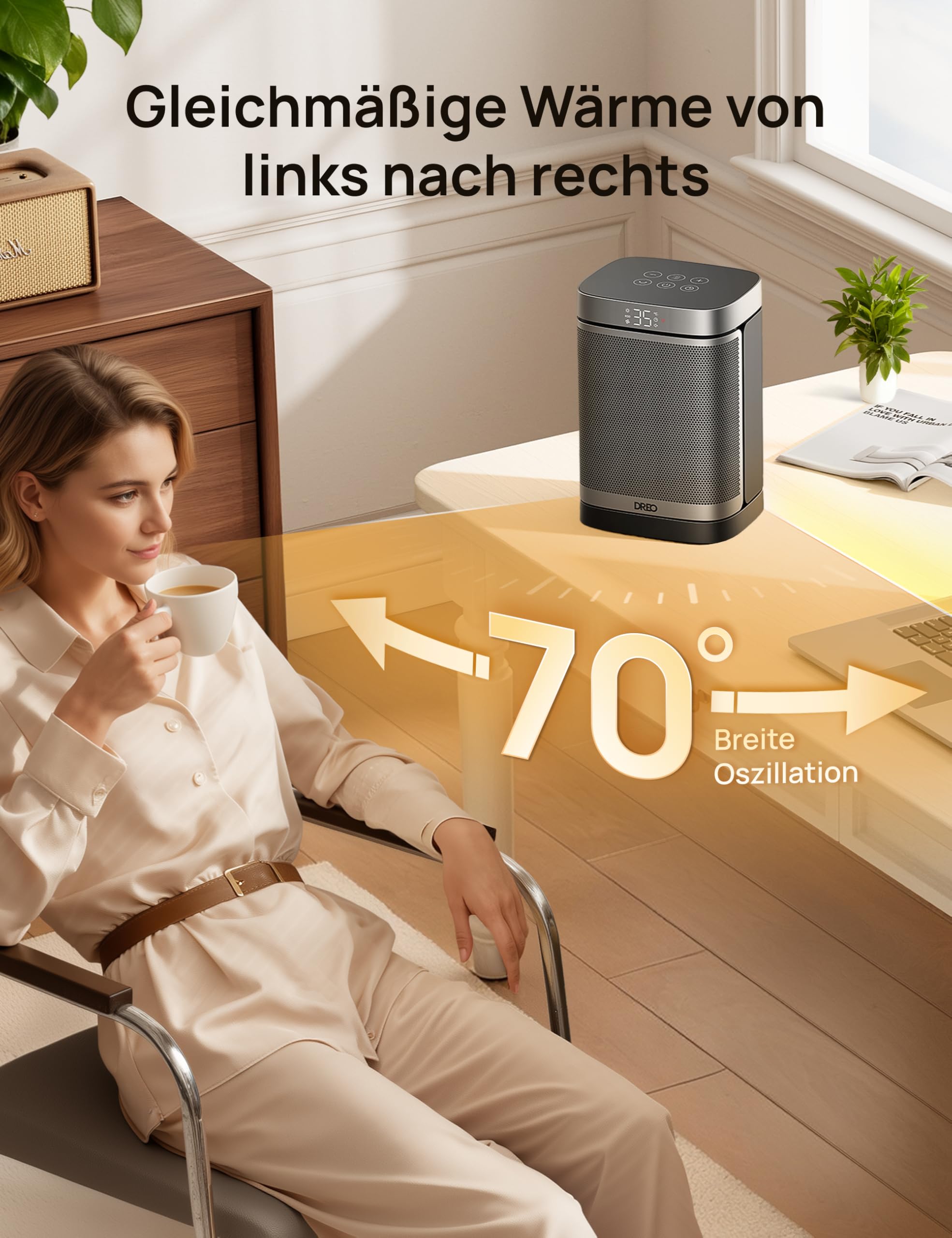 Dreo Heizlüfter Energiesparend Klein, 1500W Heizung Elektrisch mit Thermostat, 70° Oszillierend Elektroheizung, PTC Keramik Heizlüfter Leise, ECO-Modus, 12-Std-Timer, Überhitzungs- & Kippschutz
