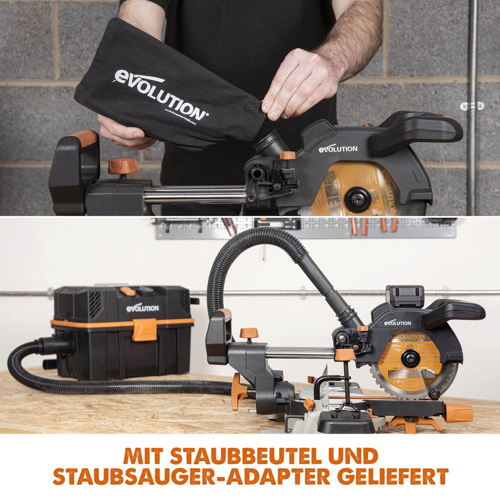 Evolution R185SMS-Li Akku-Gleitgehrungssäge mit Mehrzweck-Schneide, 45° Fasen-, 50° Gehrungsschnitte, 850 W – 185 mm TCT-Sägeblatt im Lieferumfang enthalten, 3 Jahre Garantie