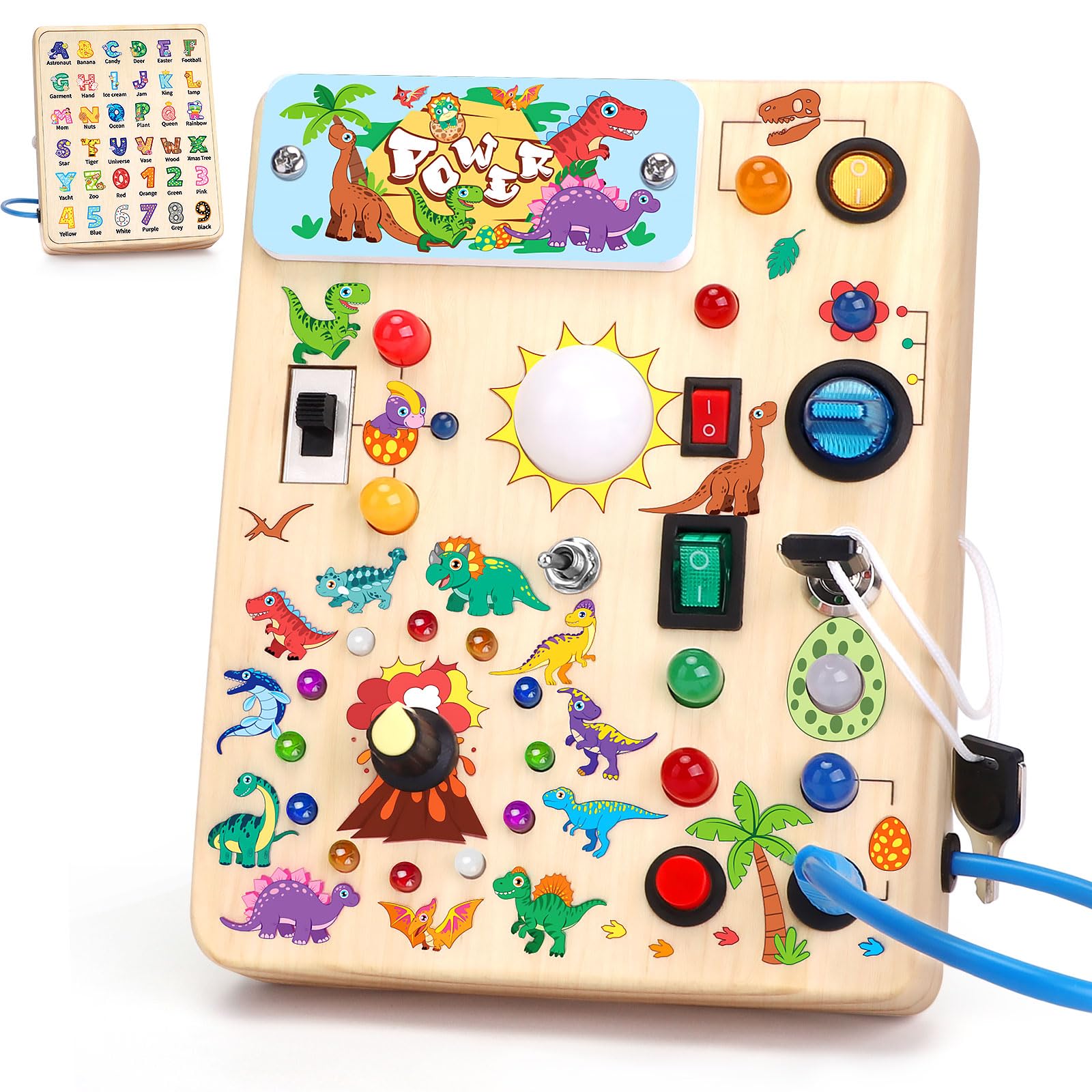 Dinosaurier Busy Board Montessori Spielzeug ab 1 jahr Activity Board Holzspielzeug Mit 10 Schaltern und 23 LED Lichtern Sensorik Spielzeug Motorikspielzeug für Babys und Kinder ab 1 2 3 4 Jahre Jungen